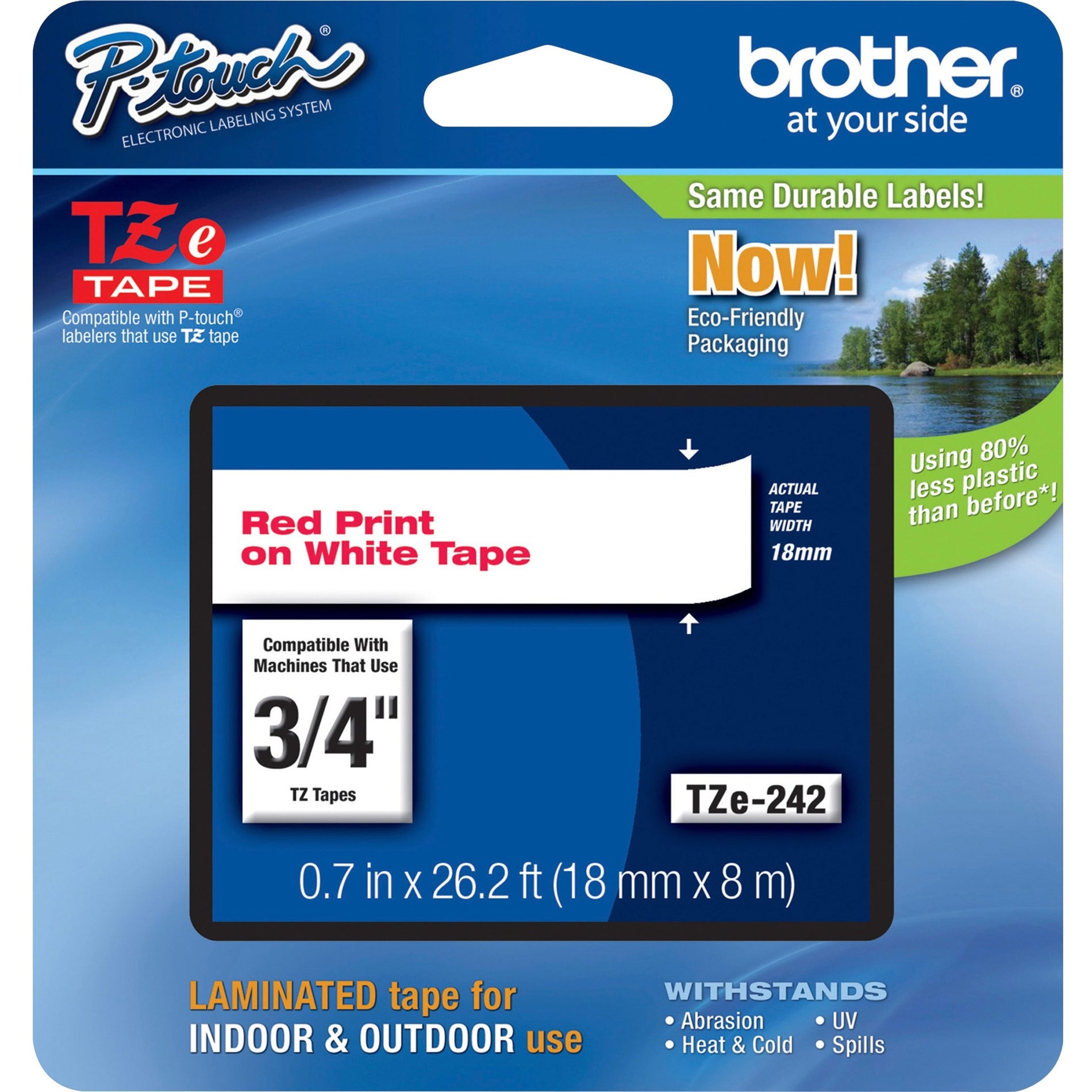 Brother TZE242 P-Touch TZe Laminated Tape, 3/4", White, Temperature Resistant, Water Resistant