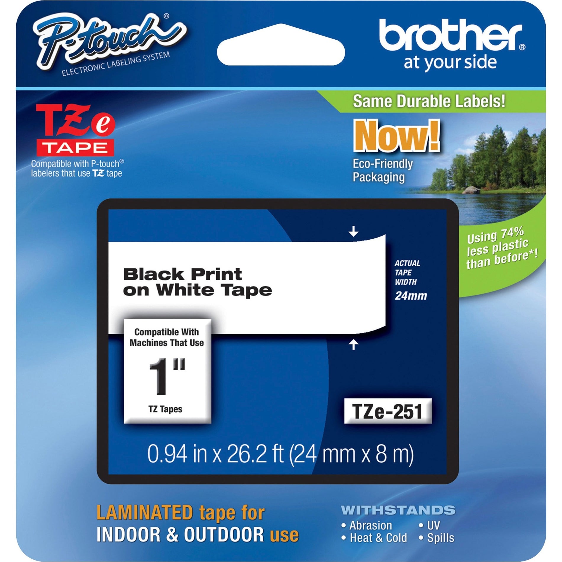 Brother TZE251 P-Touch Laminated Tape, 1" Size, Black/White, Chemical Resistant, Abrasion Resistant