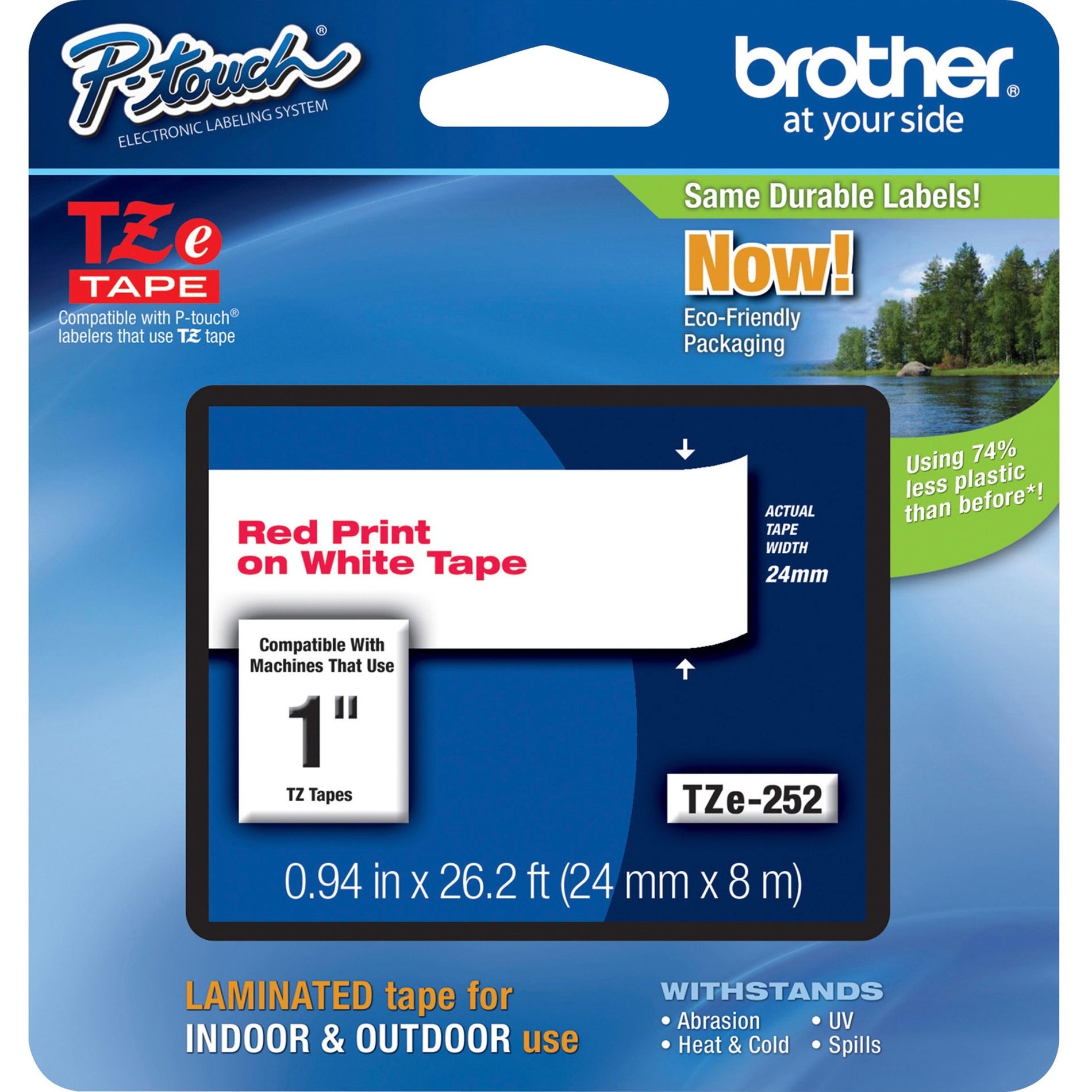 Brother TZE252 P-Touch Laminated Tape, Red/White, 1" Size