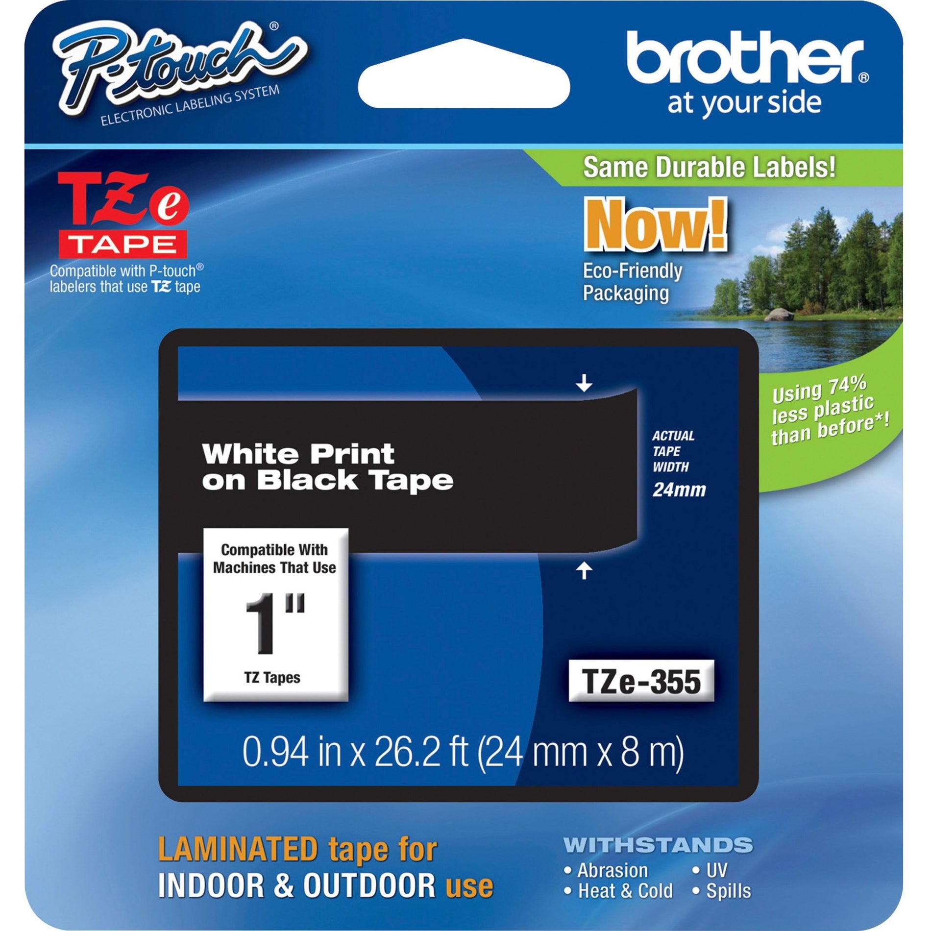 Brother TZE355 P-Touch 1" White/Black Lettering Tape, Grease Resistant, Temperature Resistant, Grime Resistant
