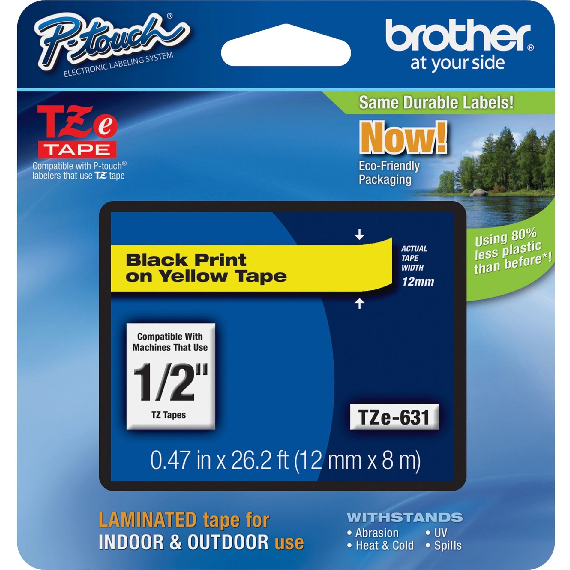 Brother TZE631 P-touch Laminated Tape Cartridge, Yellow, 1/2" Width, Water Resistant