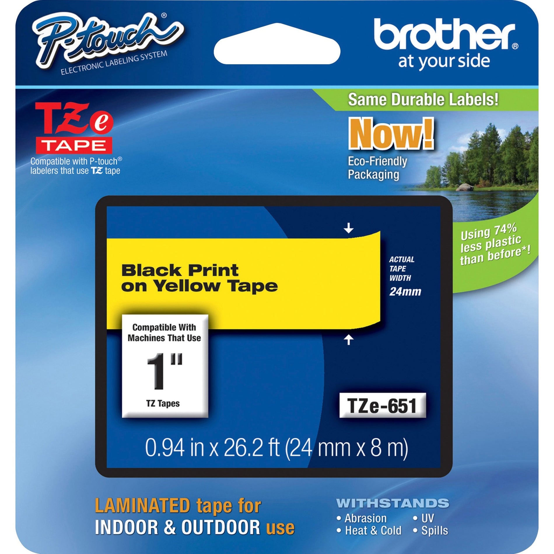 Brother TZE651 P-Touch 1" Black/Yellow Lettering Tape, Temperature Resistant, Grease Resistant, Grime Resistant