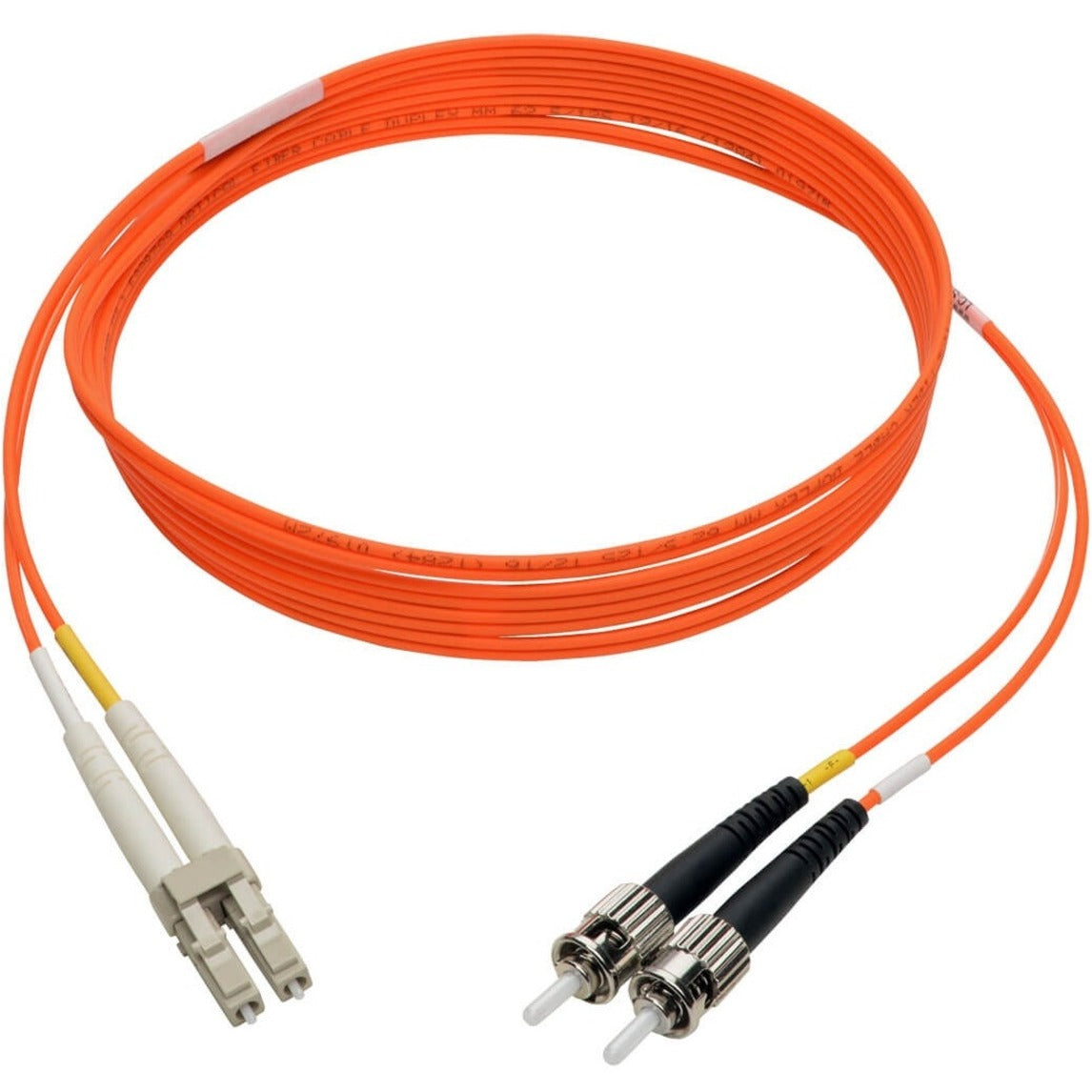 Full length view of orange fiber optic patch cable showing ST and LC connectors-alternate-image3