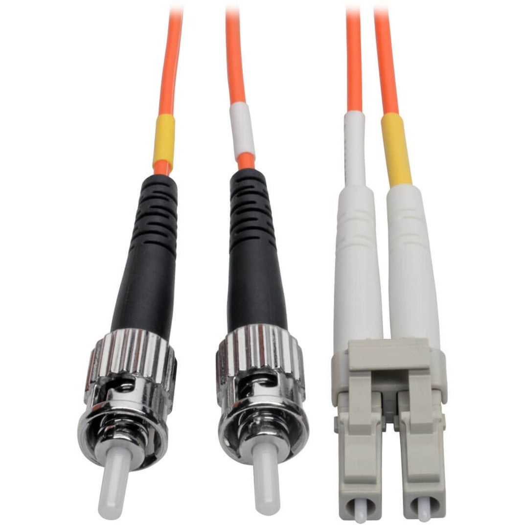 Close-up view of ST and LC connectors on Tripp Lite fiber optic patch cable showing chrome-plated finish and strain relief boots-alternate-image1