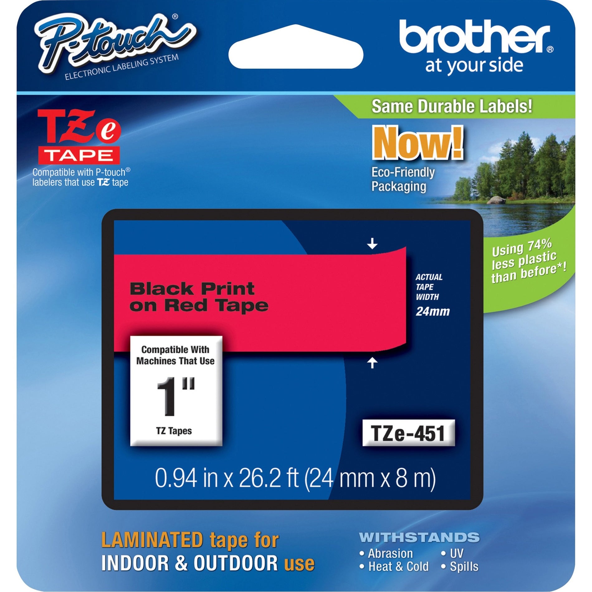 Brother TZE-451 P-touch TZe Laminated Tape Cartridges, Red/Black, 15/16" Width, Water Resistant