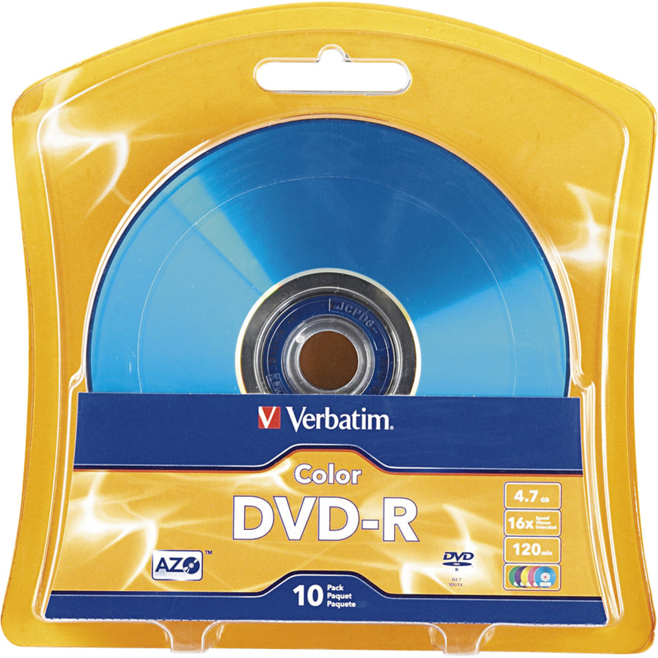Verbatim 97513 DVD Recordable Media, 10PK DVD-R 4.7GB AZO 16X VIBRANT 5 COL BLISTER PK