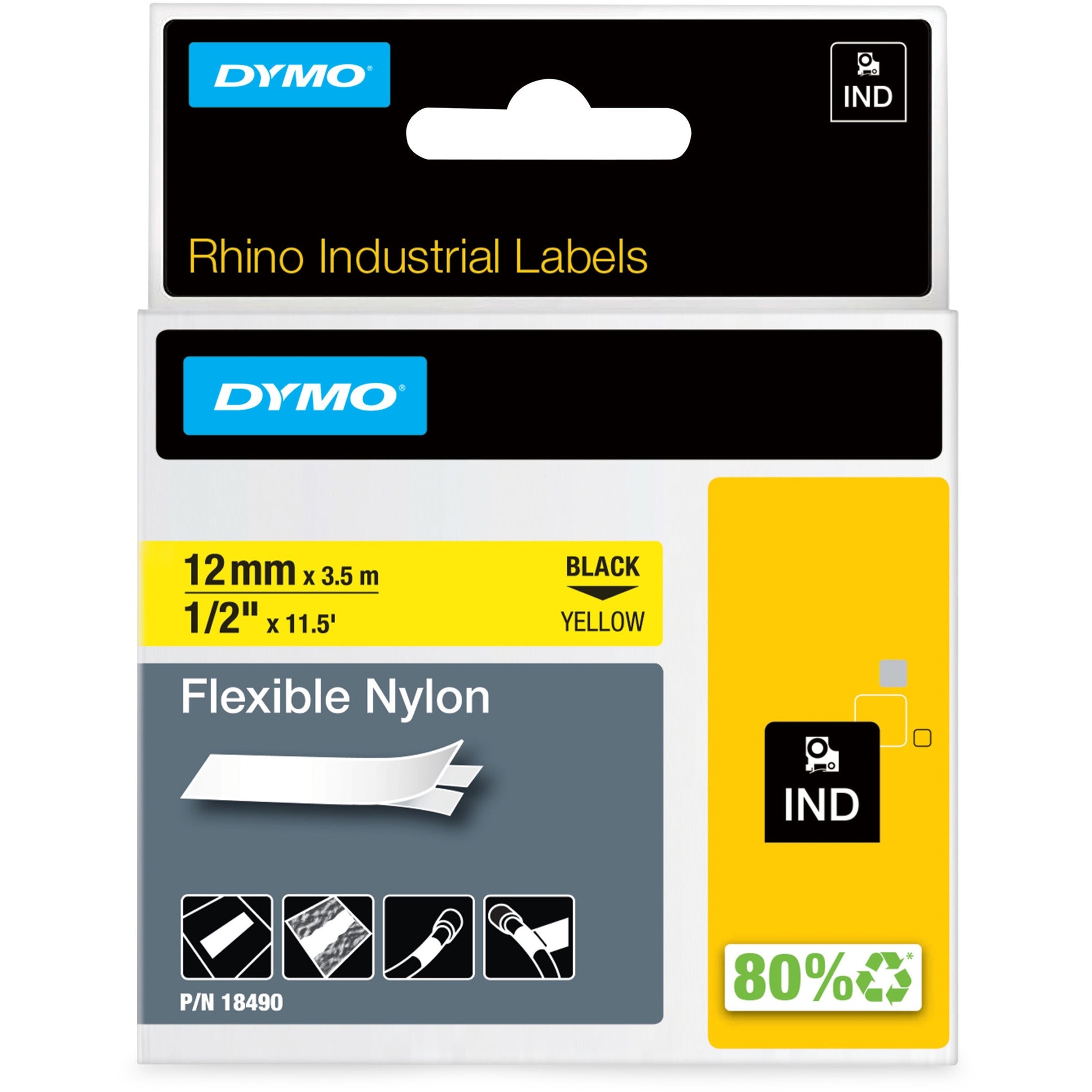 Dymo 18490 Rhino Flexible Nylon Labels, 1/2"x11.5', Yellow