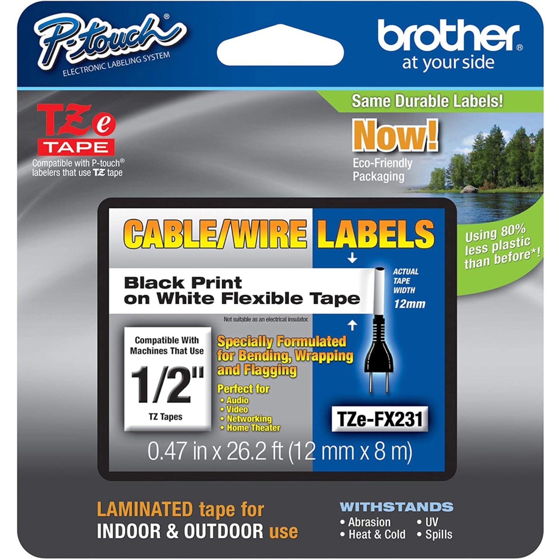 Brother TZE-FX231 Flexible Cable/Wire Label Tape, 1/2" Wide, Black On White