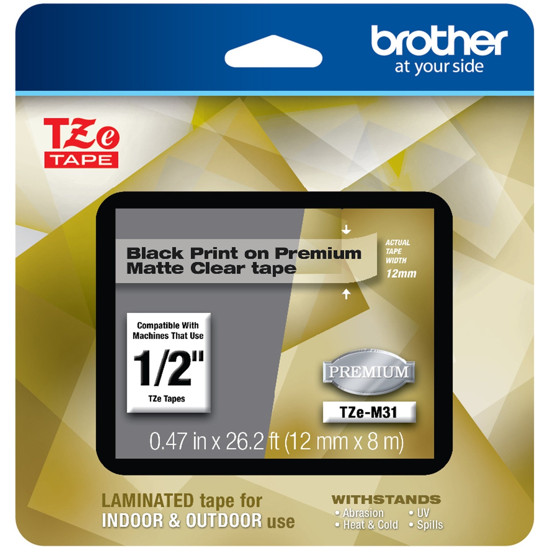 Brother TZEM31 TZe Premium Matte Laminated Tape - 12mm, Abrasion Resistant, Chemical Resistant, Fade Resistant, Easy Peel