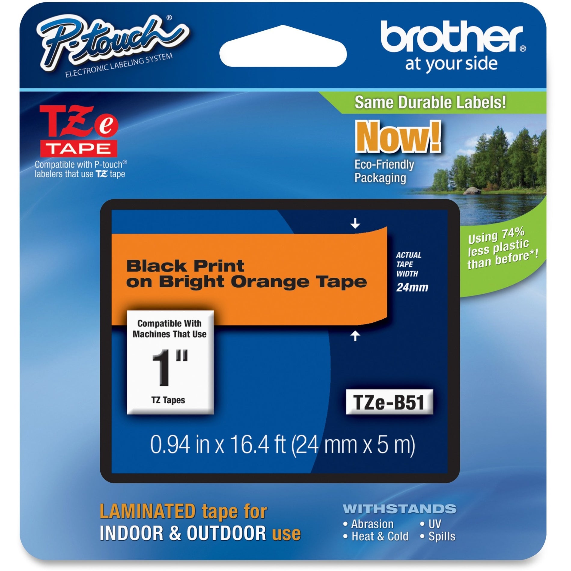 Brother TZE-B51 P-touch TZe 1" Laminated Lettering Tape, Black/Fluorescent Orange