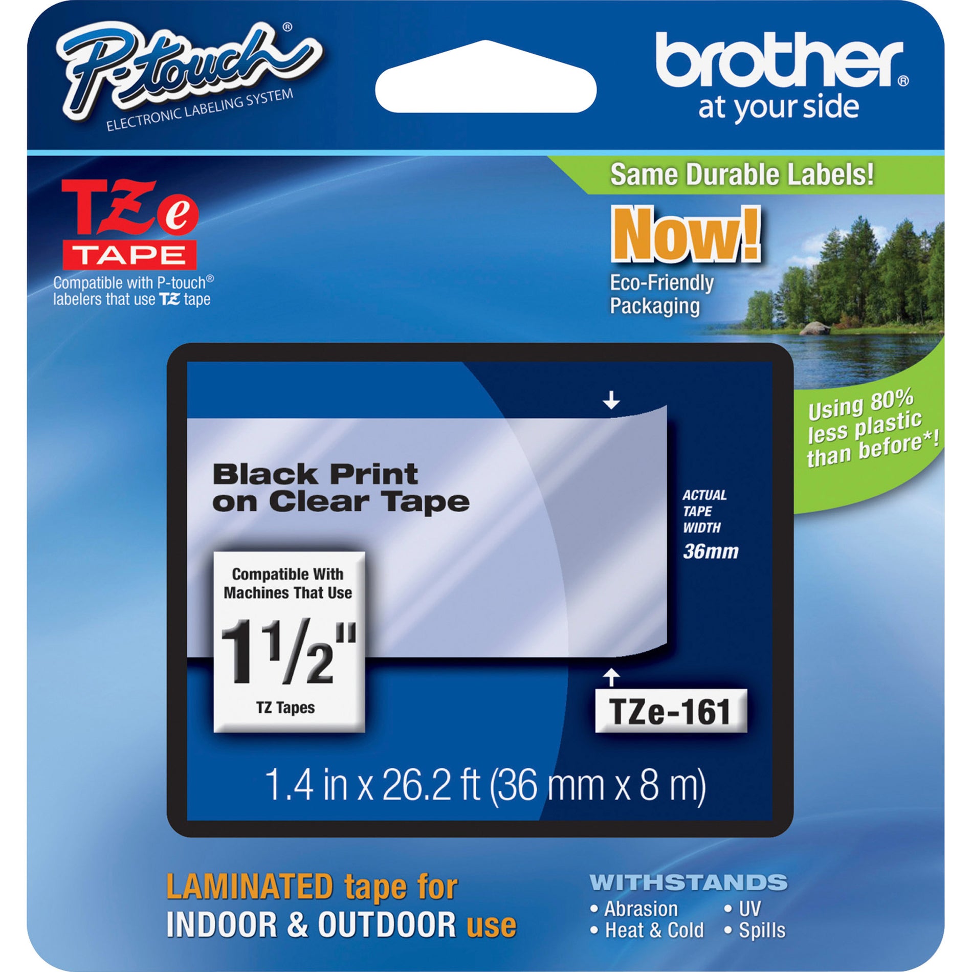 Brother TZE-161 P-Touch TZe Laminated Tape, 1-1/2" Size, Black/Clear