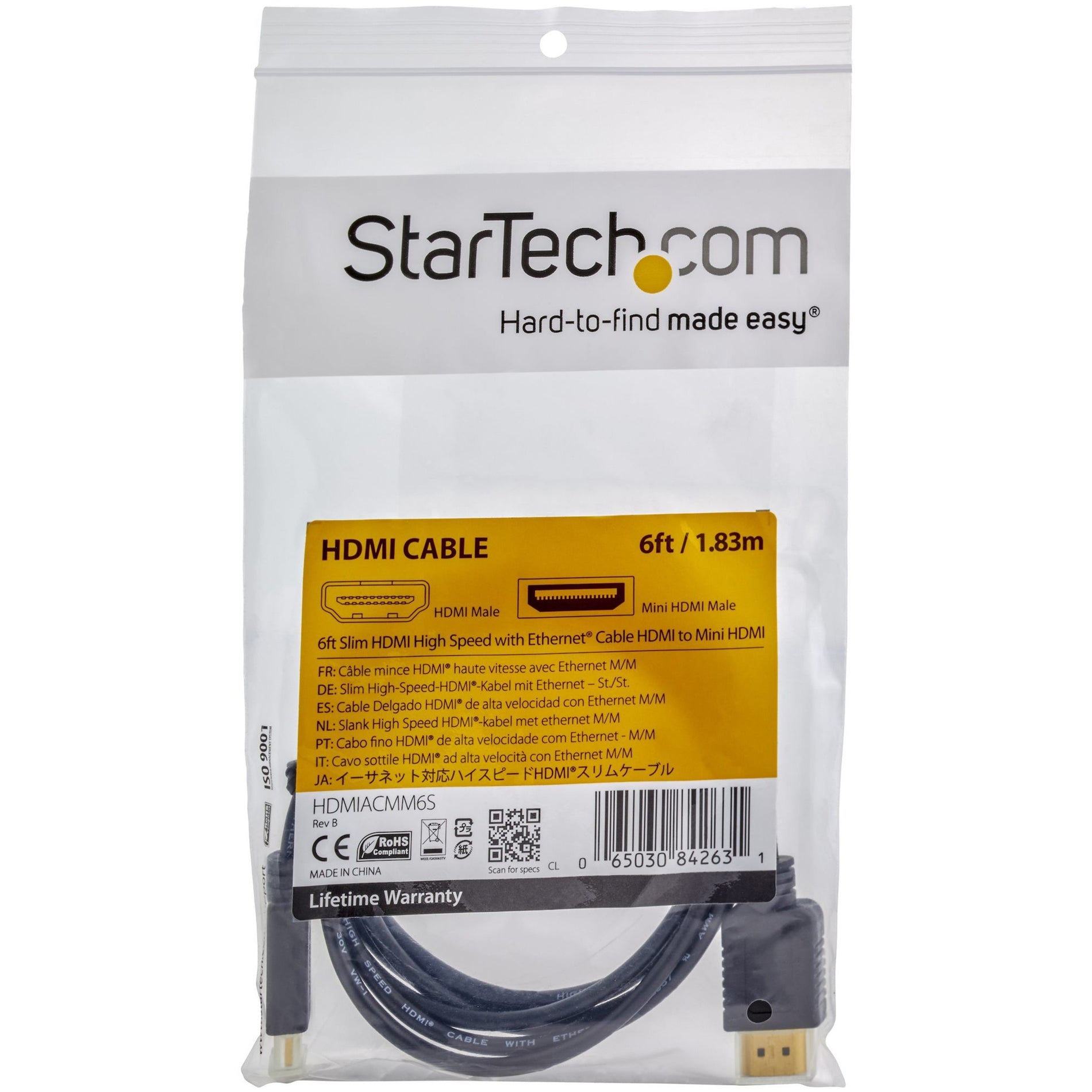 StarTech.com HDMIACMM6S 6 ft Slim High Speed HDMI Cable with Ethernet - HDMI to HDMI Mini M/M, 10.2 Gbit/s, 3840 x 2160, Gold Plated