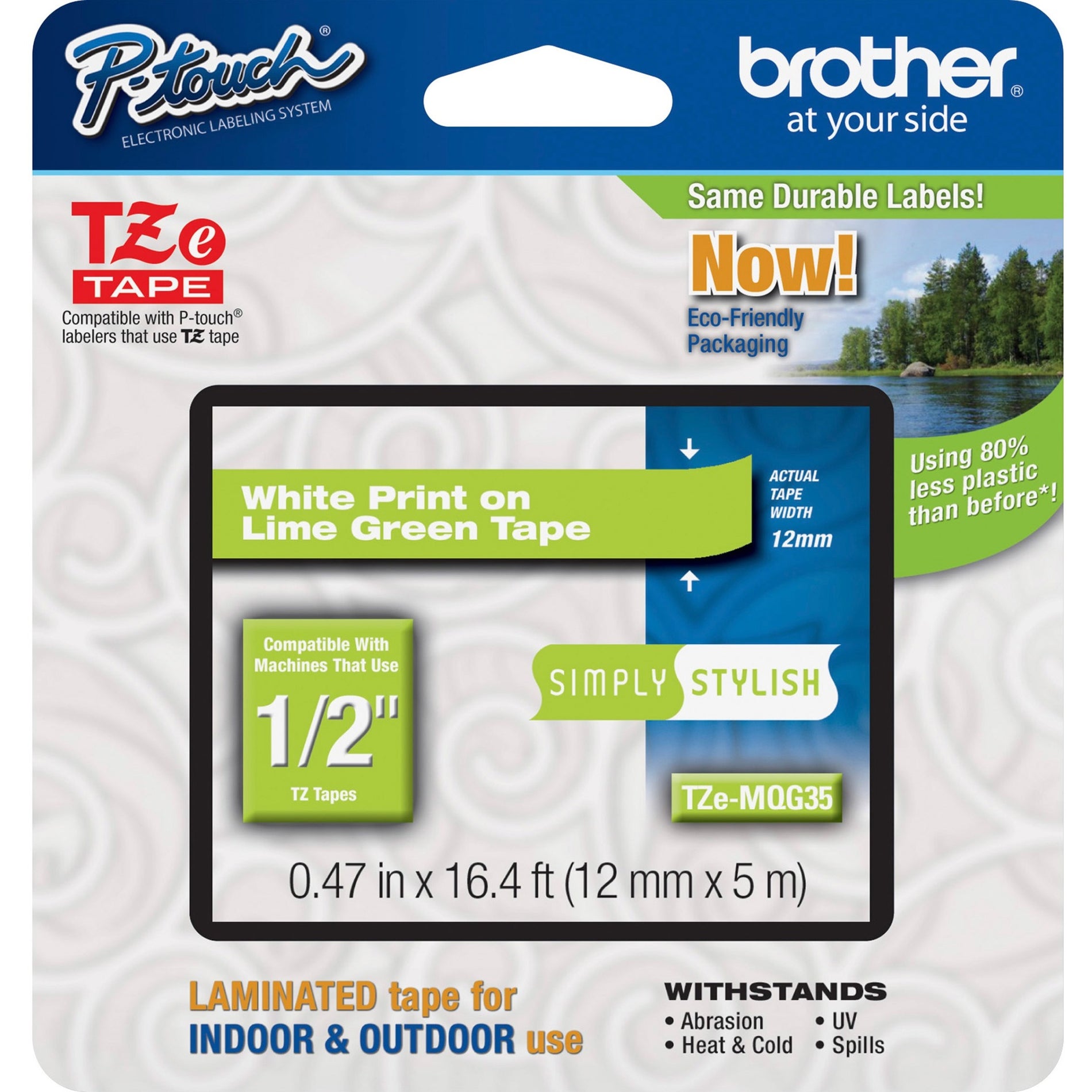 Brother TZEMQG35 P-Touch TZe Laminated Tape, White/Lime Green, 12mm