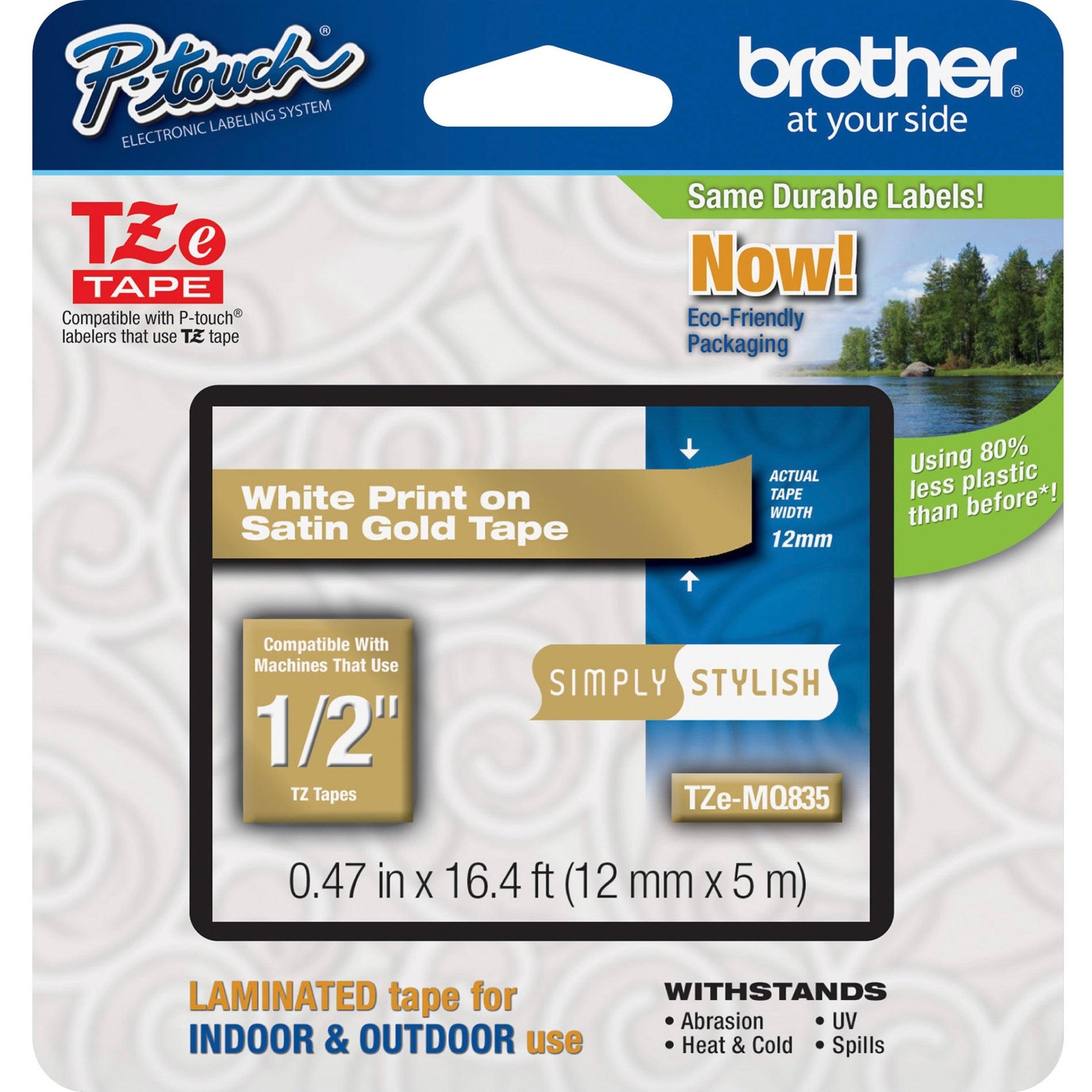 Brother TZEMQ835 P-Touch TZe Laminated Tape, 12mm, White/Satin Gold, Chemical Resistant, Temperature Resistant, Abrasion Resistant