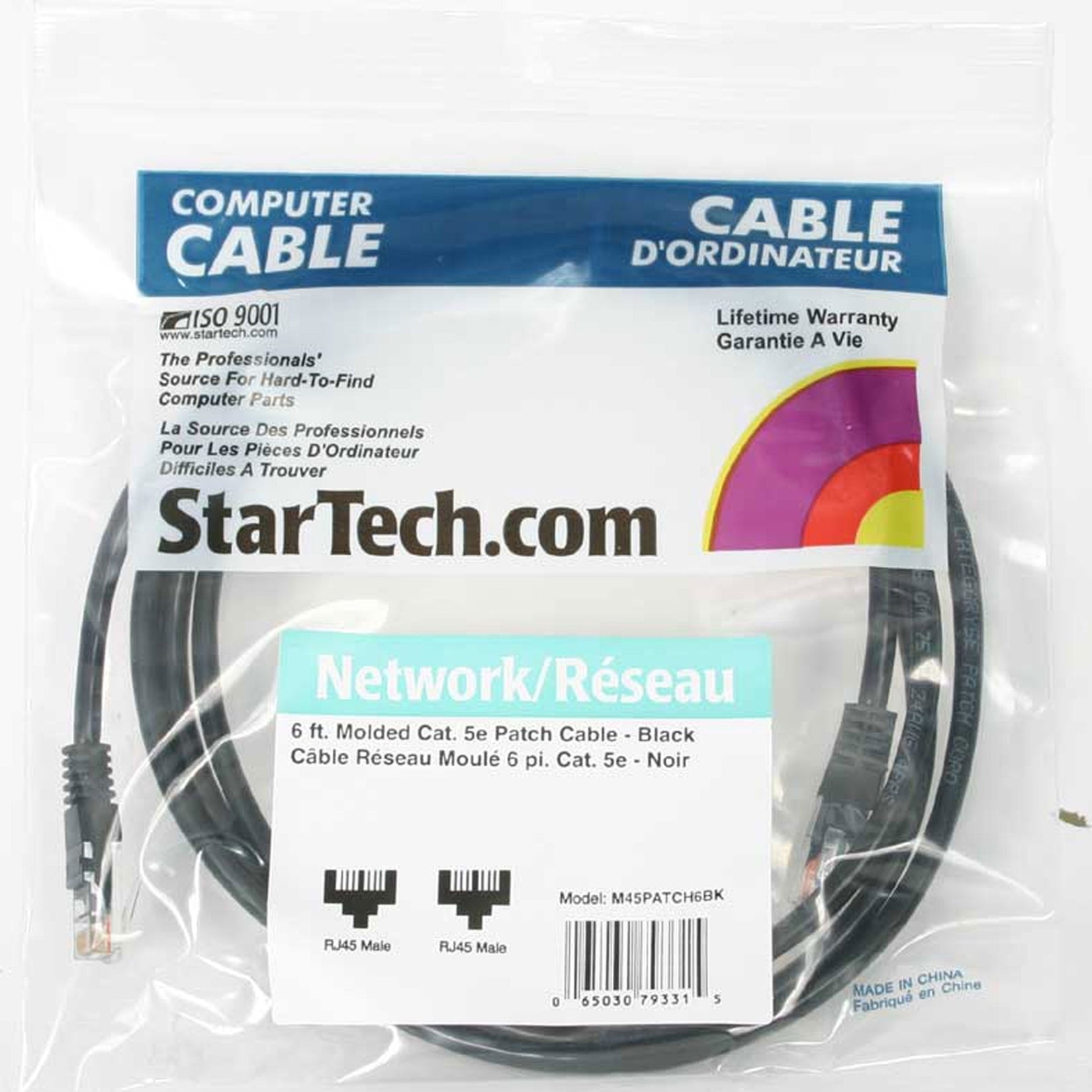 StarTech.com M45PATCH6BK 6 ft Black Molded Cat5e UTP Patch Cable, Lifetime Warranty, Gold Connectors