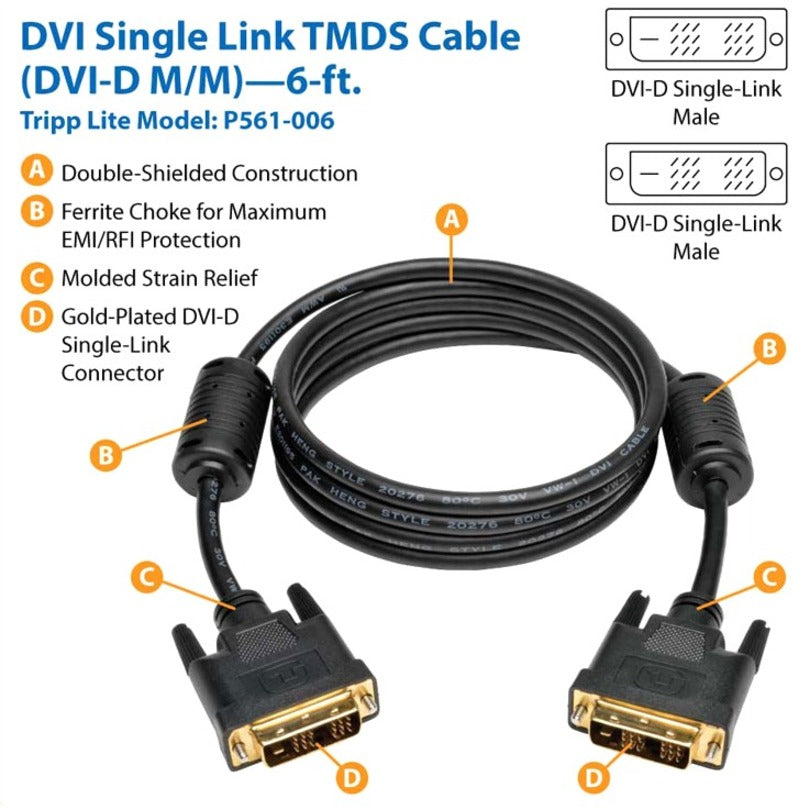 Tripp Lite P561-006 DVI Cable, 6 ft, Copper Conductor, Black
