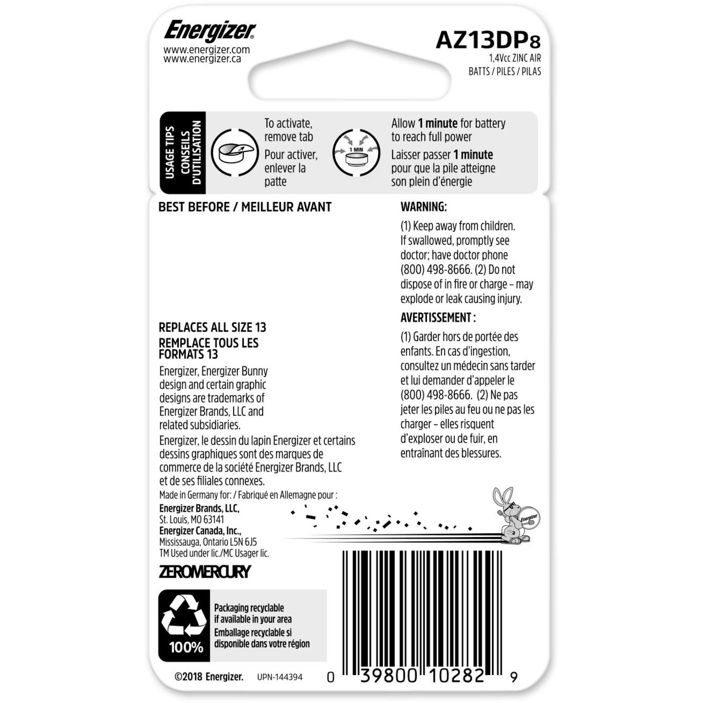 Energizer AZ13DP-8 EZ Turn & Lock Size 13 Coin Cell Hearing Aid Battery, 8-Pack