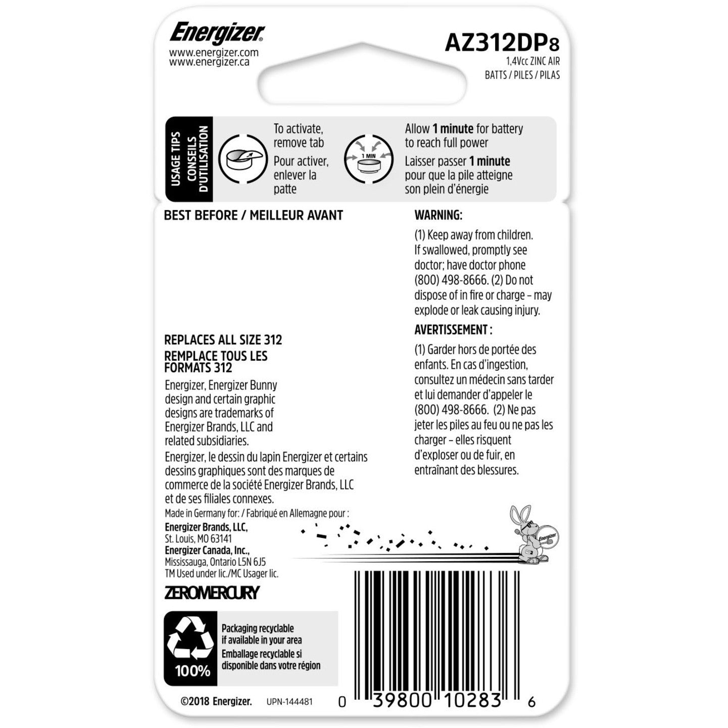 Energizer AZ312DP-8 EZ Turn & Lock Size 312 Coin Cell Hearing Aid Battery, 8-Pack