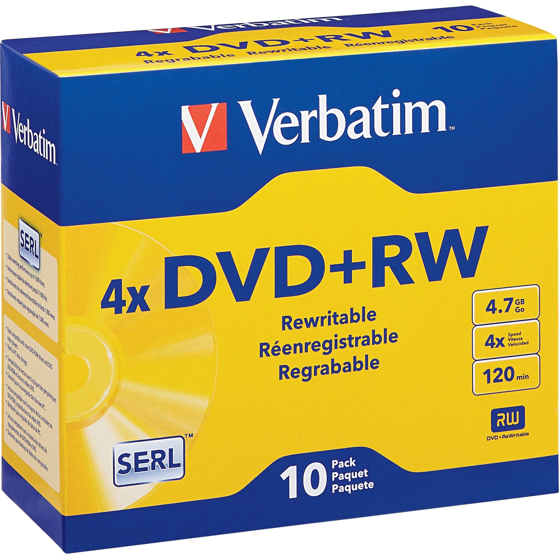 Verbatim 94839 DVD+RW 4.7GB 4X with Branded Surface - 10pk Slim Case, 1X-4X Recording Speed