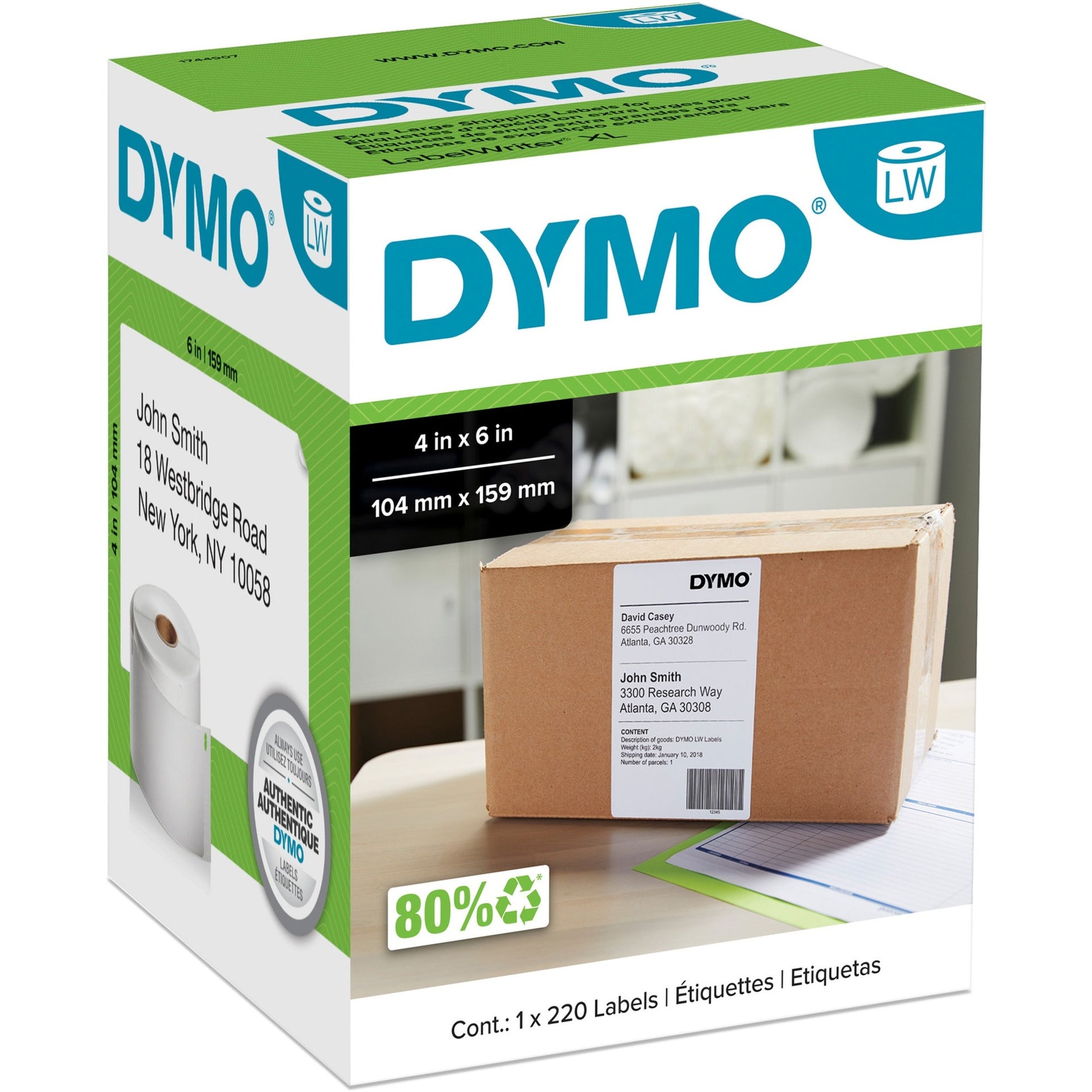 Dymo 1744907 LabelWriter 4XL Extra Large Shipping Labels, 1 Roll, 4" x 6", Thermal Transfer, 220 Labels
