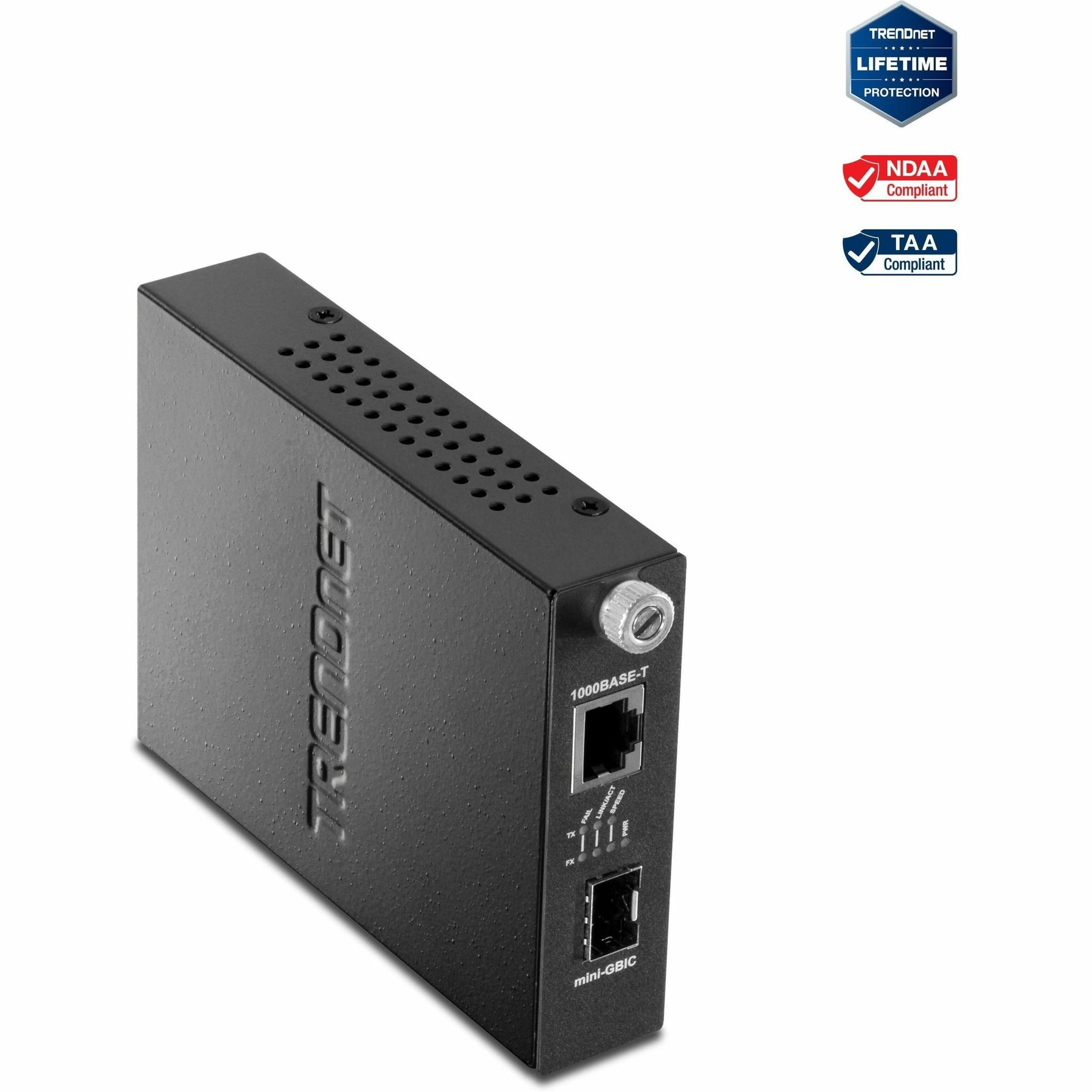 TRENDnet TFC-1000MGA Intelligent 100/1000Mbase-T to SFP Media Converter, Fiber To Ethernet Converter, 1 x 10/100/1000Base-T RJ-45 Port,1 x Mini-GBIC Slot, Lifetime Protection