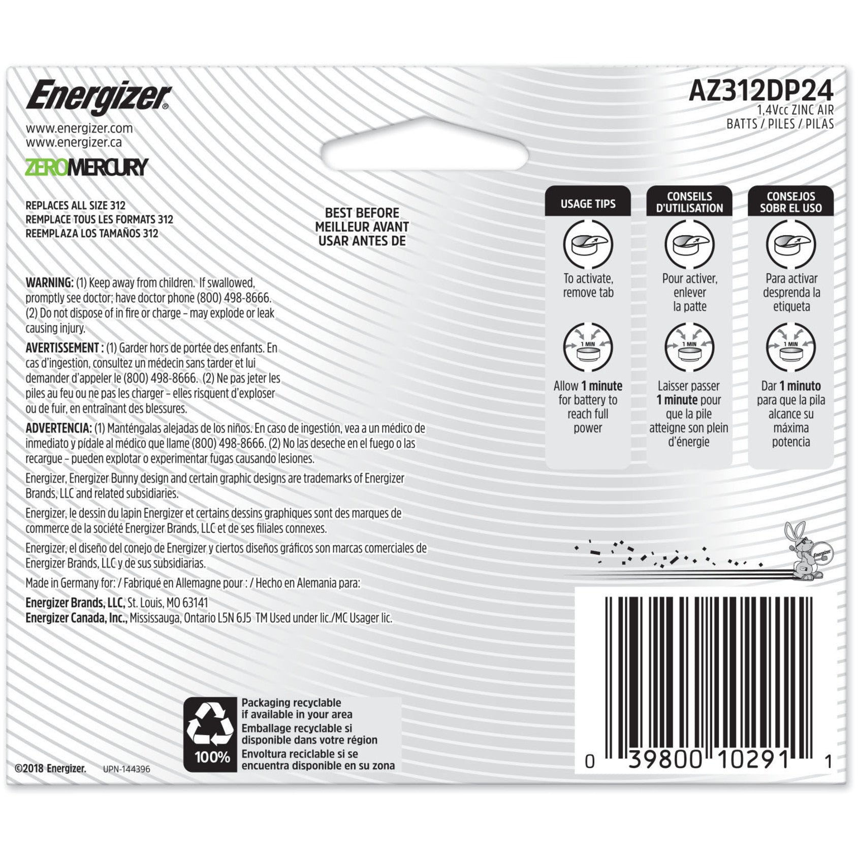 Energizer AZ312DP-24 EZ Turn & Lock Size 312 Hearing Aid Battery, 8-Pack