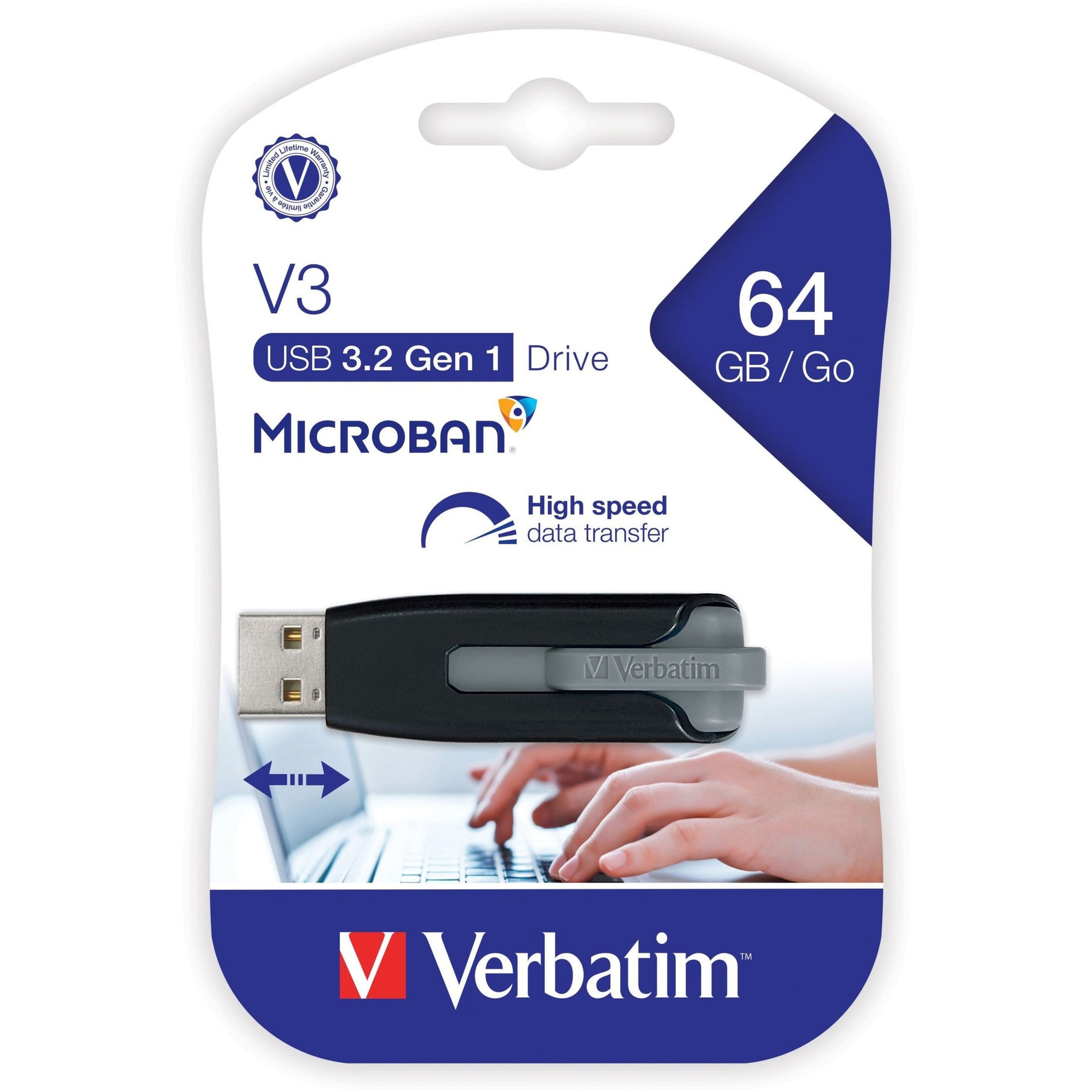 Microban 49174 Store 'n' Go V3 USB Drive, 64GB, Black/Gray