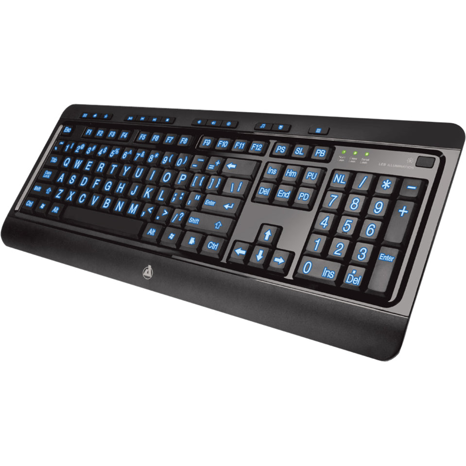 AziO KB505U Large Print 3 Color Backlit Keyboard, Ergonomic, USB, 3 Year Warranty