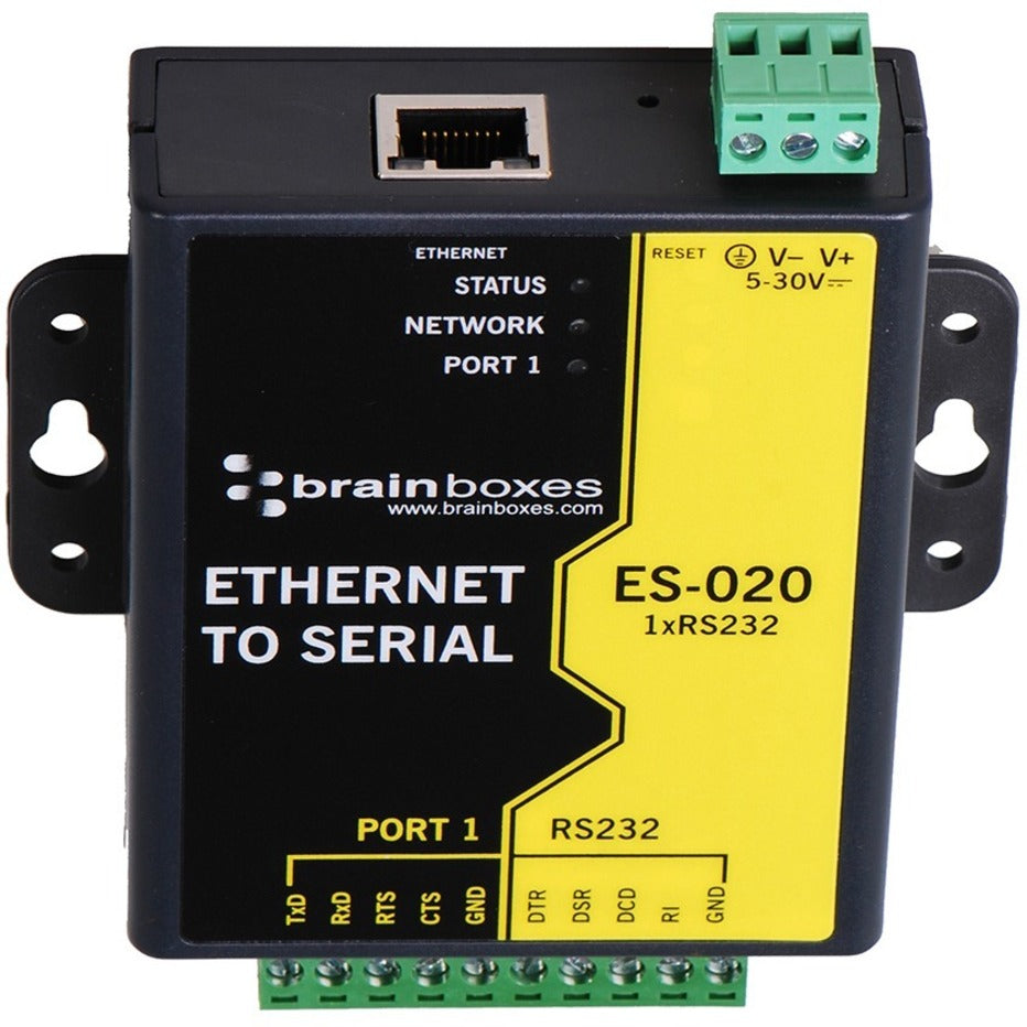 Brainboxes ES-020 Ethernet 1 Port RS232 10xScrew Terminals, Lifetime Warranty, TAA Compliant, United Kingdom Origin