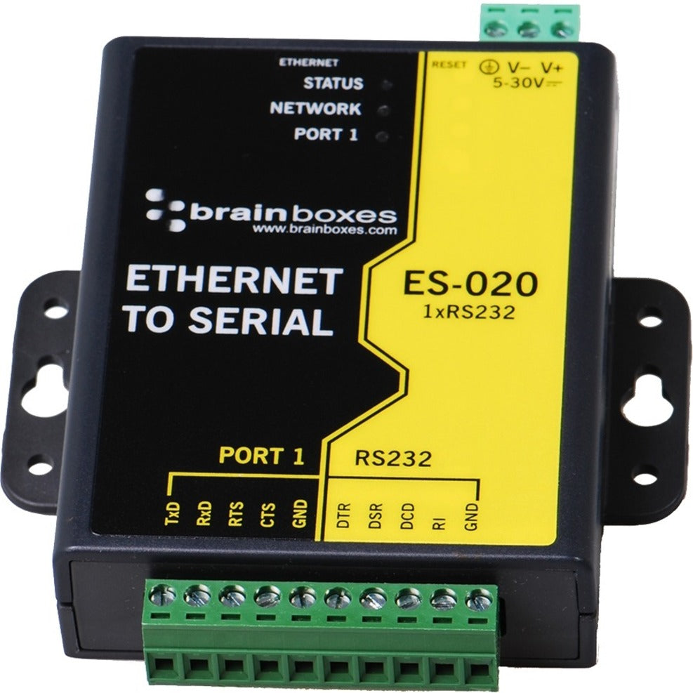 Brainboxes ES-020 Ethernet 1 Port RS232 10xScrew Terminals, Lifetime Warranty, TAA Compliant, United Kingdom Origin