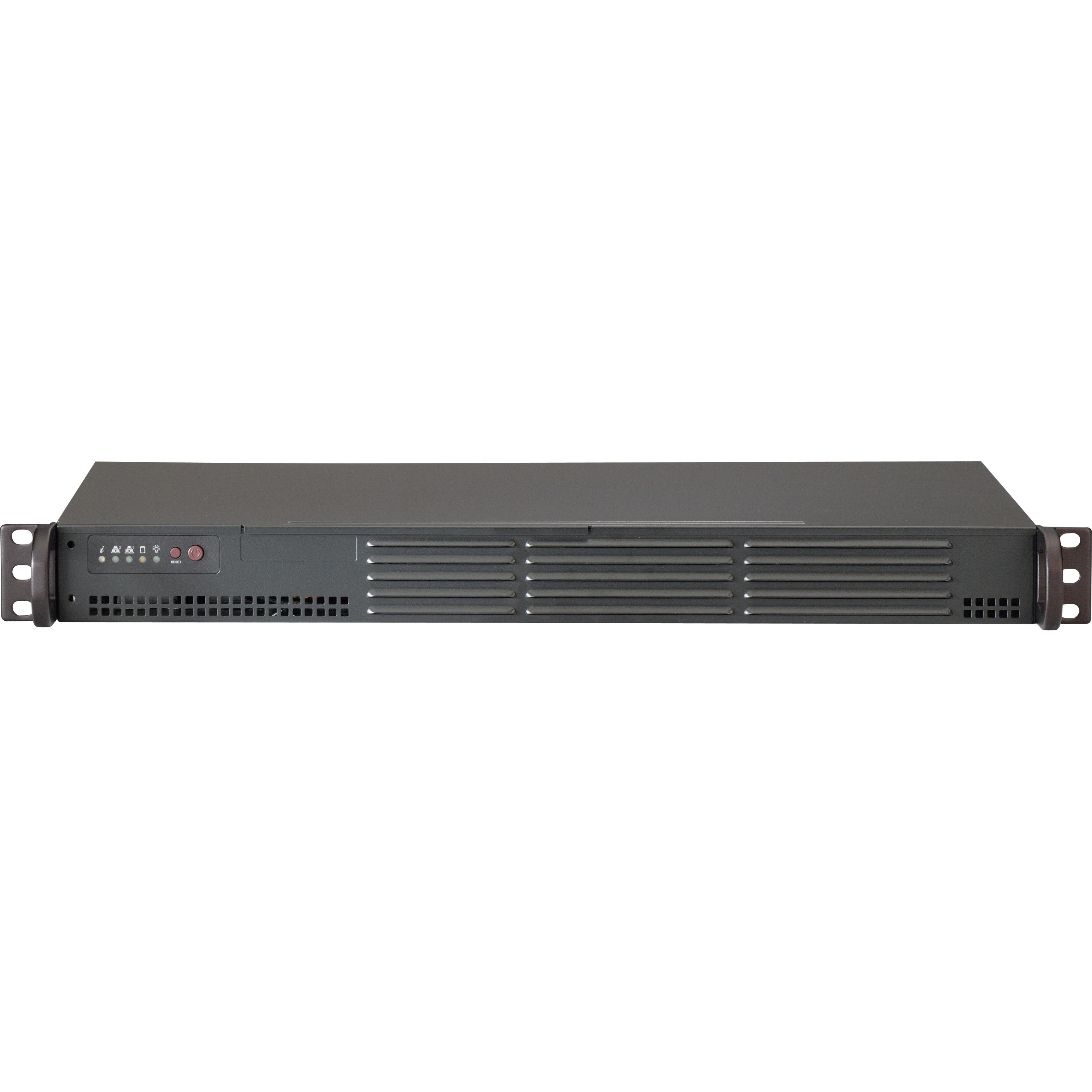 Front view of Supermicro CSE-504-203B 1U rack server chassis showing LED indicators and ventilation grills-alternate-image1