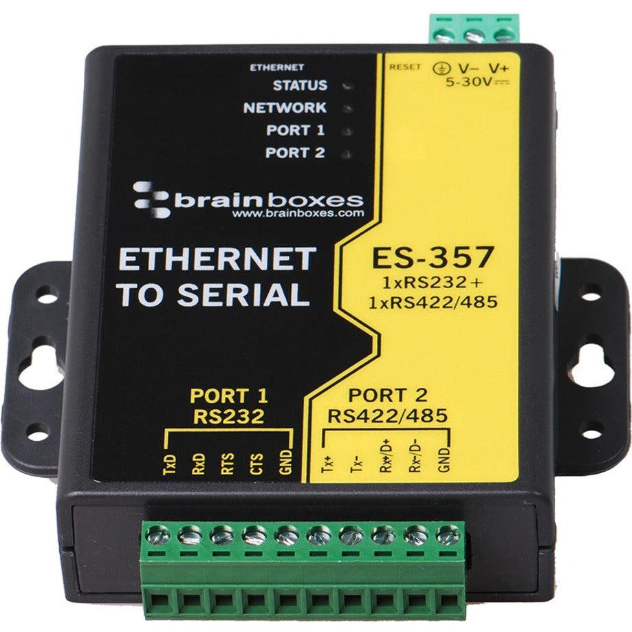 Brainboxes ES-357 1 Port RS232 and 1 Port RS422/485 Ethernet to Serial Adapter, TAA Compliant, DIN Rail Mountable