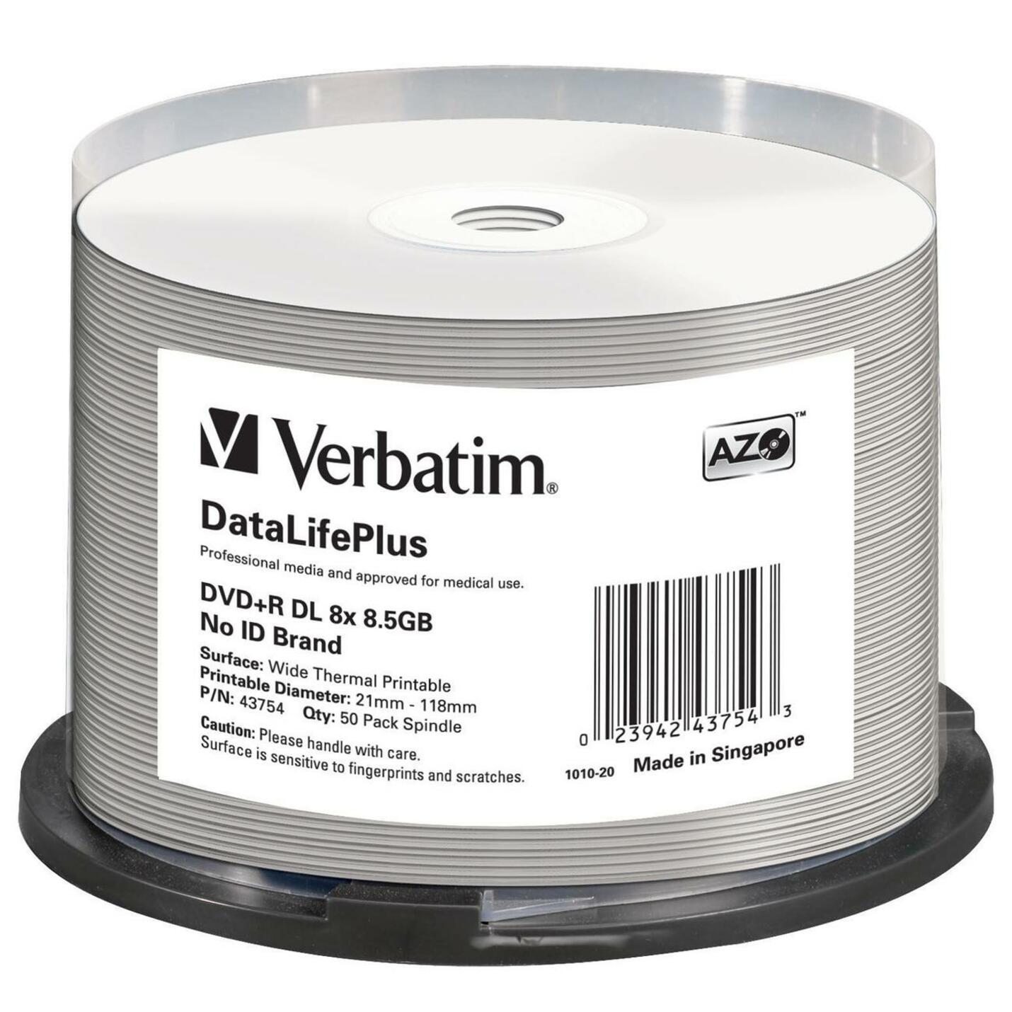 Verbatim 43754 DataLifePlus DVD Recordable Media, 8.5GB 8X Wide Thermal Printable