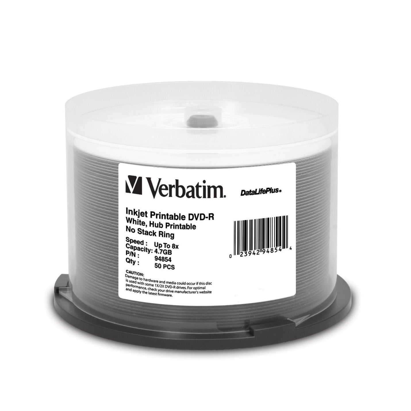 Verbatim 94854 DVD-R 4.7GB 8X DataLifePlus White Inkjet Printable, Hub Printable - 50pk Spindle
