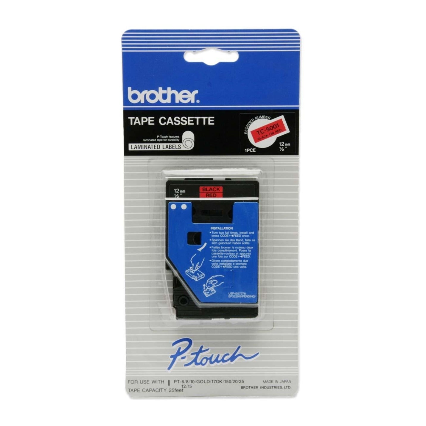 Brother TC5001 P-touch 12mm Laminated Tape, Black/Red
