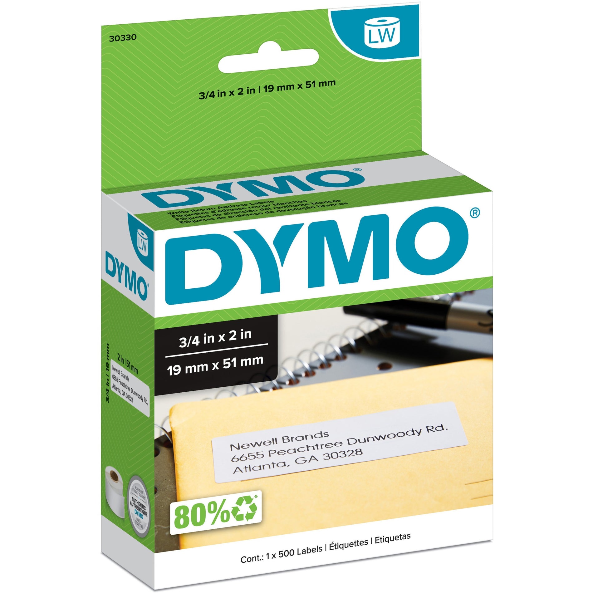Dymo 30330 LW Return Address Labels 3/4" x 2", 500/RL, White