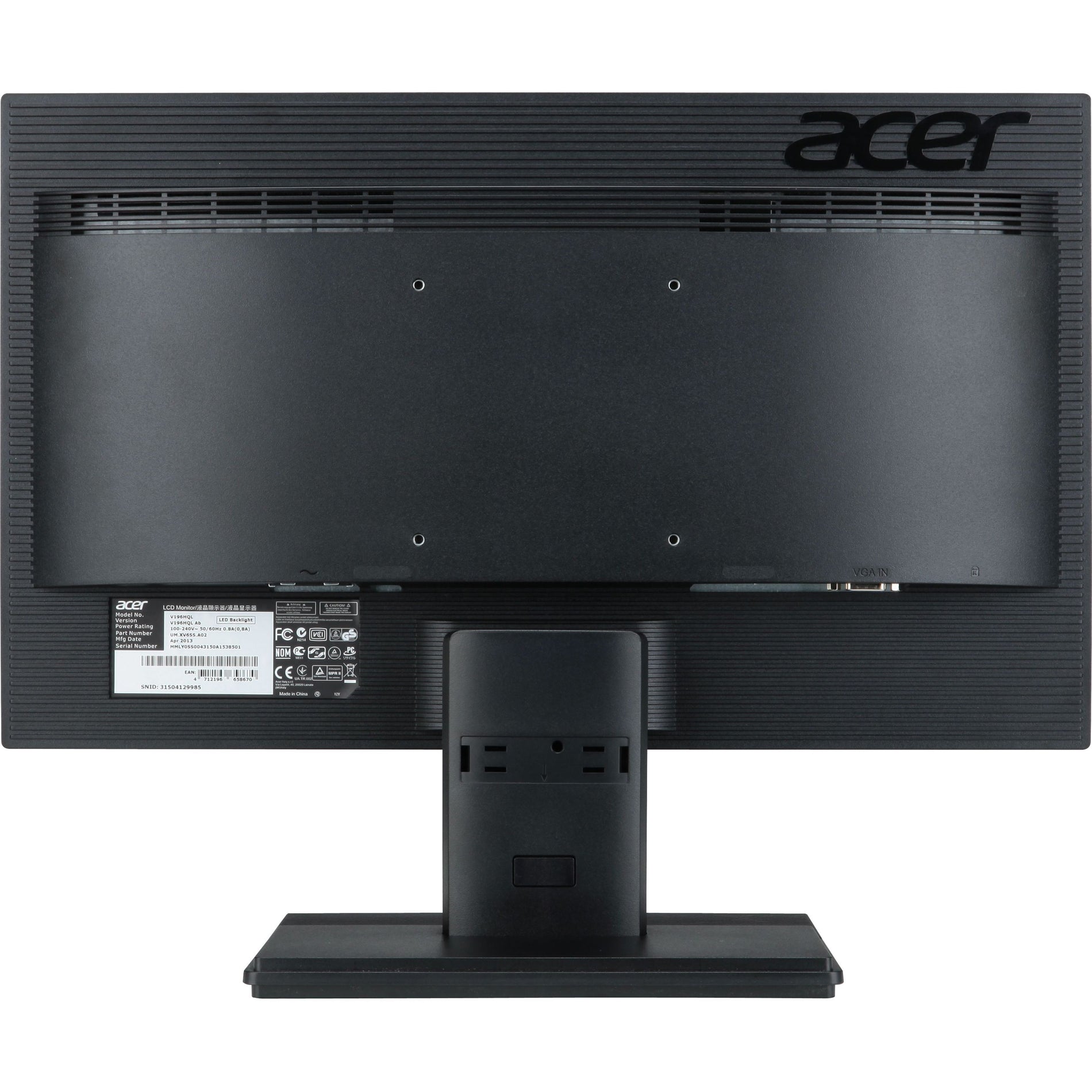 Acer UM.XV6AA.A01 V196HQL Widescreen LCD Monitor, 18.5" 16:9, 5ms, 100000000:1 Max(ACM), 200nits LED, VGA