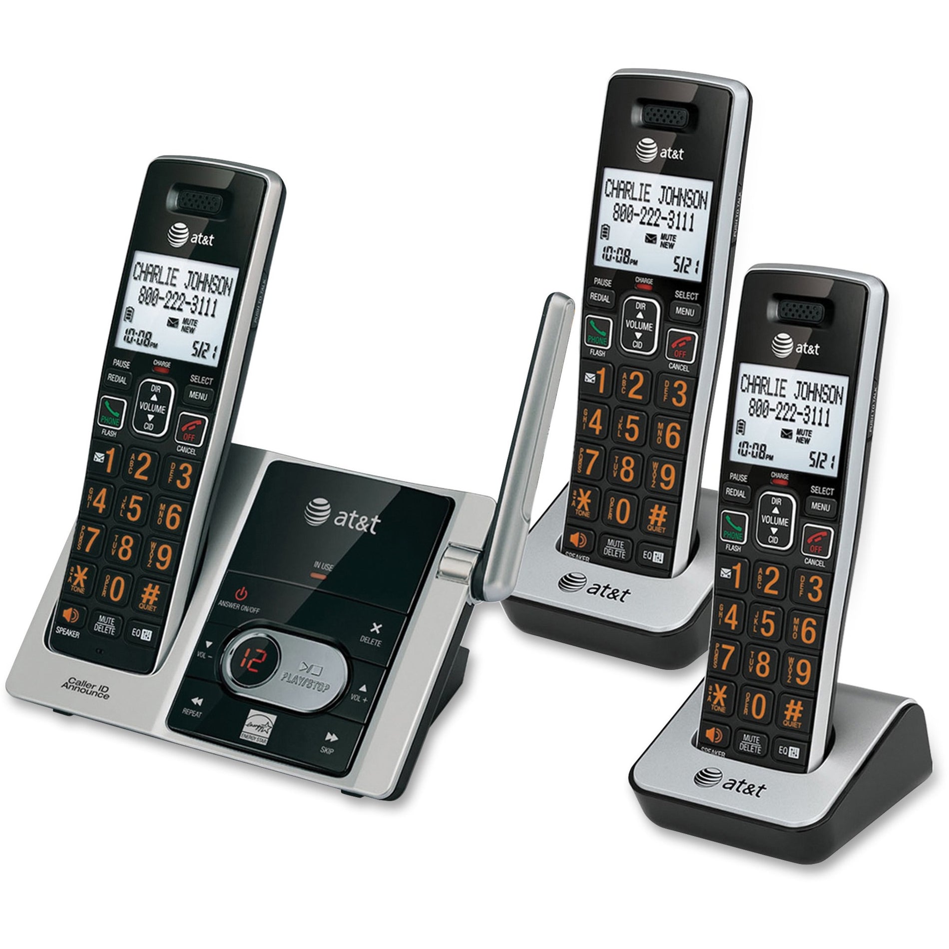 AT&T CL82313 3-Handset Cordless Answering System, Black Steel, Caller ID, Energy Star