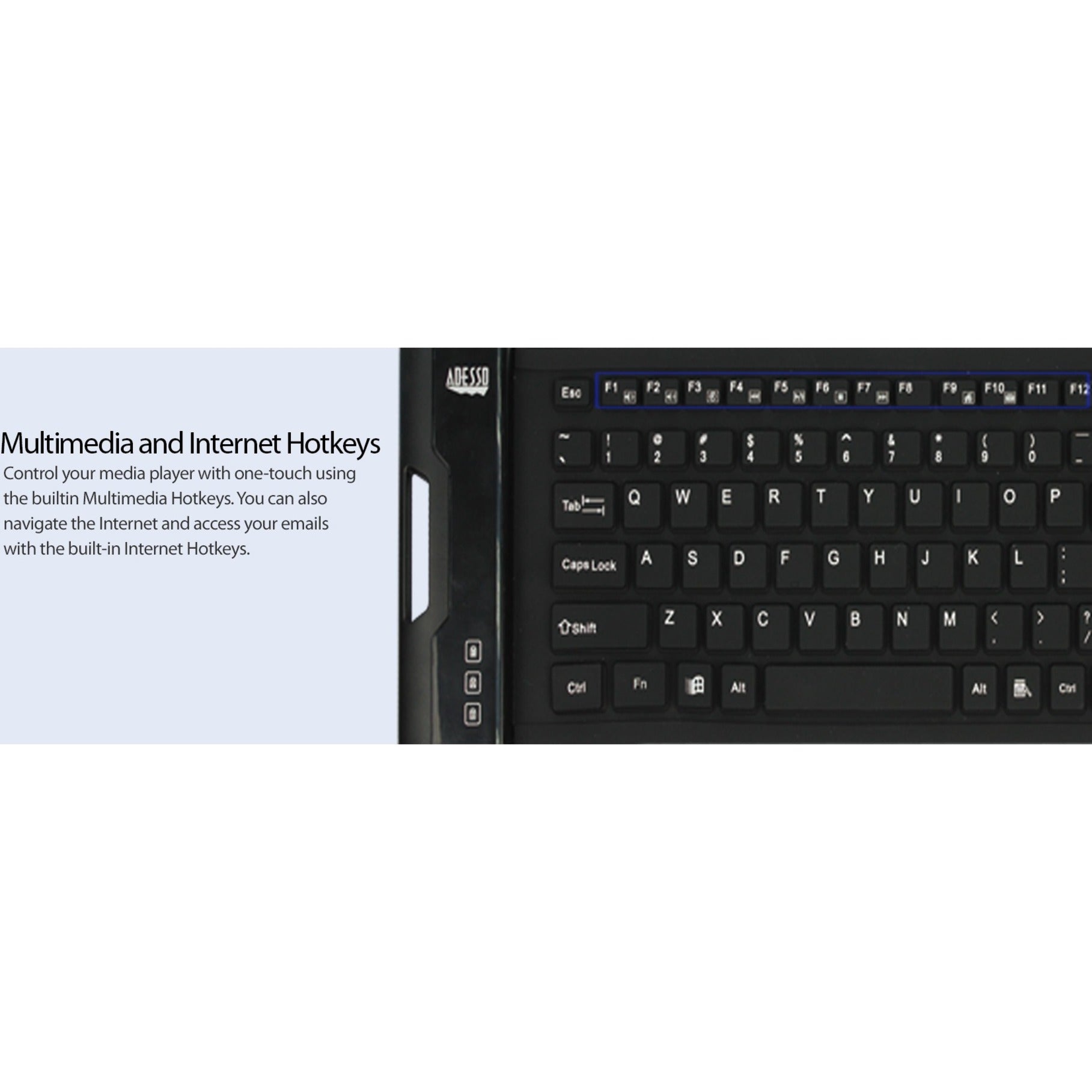 Adesso AKB-222UB Antimicrobial Waterproof Flex Keyboard (Compact Size), Hotkeys, USB