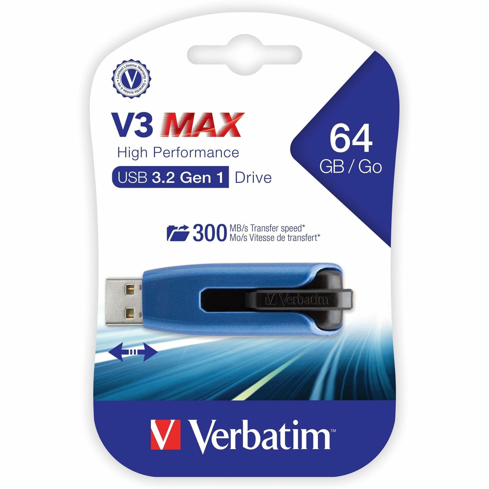 Verbatim 49807 Store 'n' Go V3 Max USB 3.0 Flash Drive - Blue, 64GB Storage