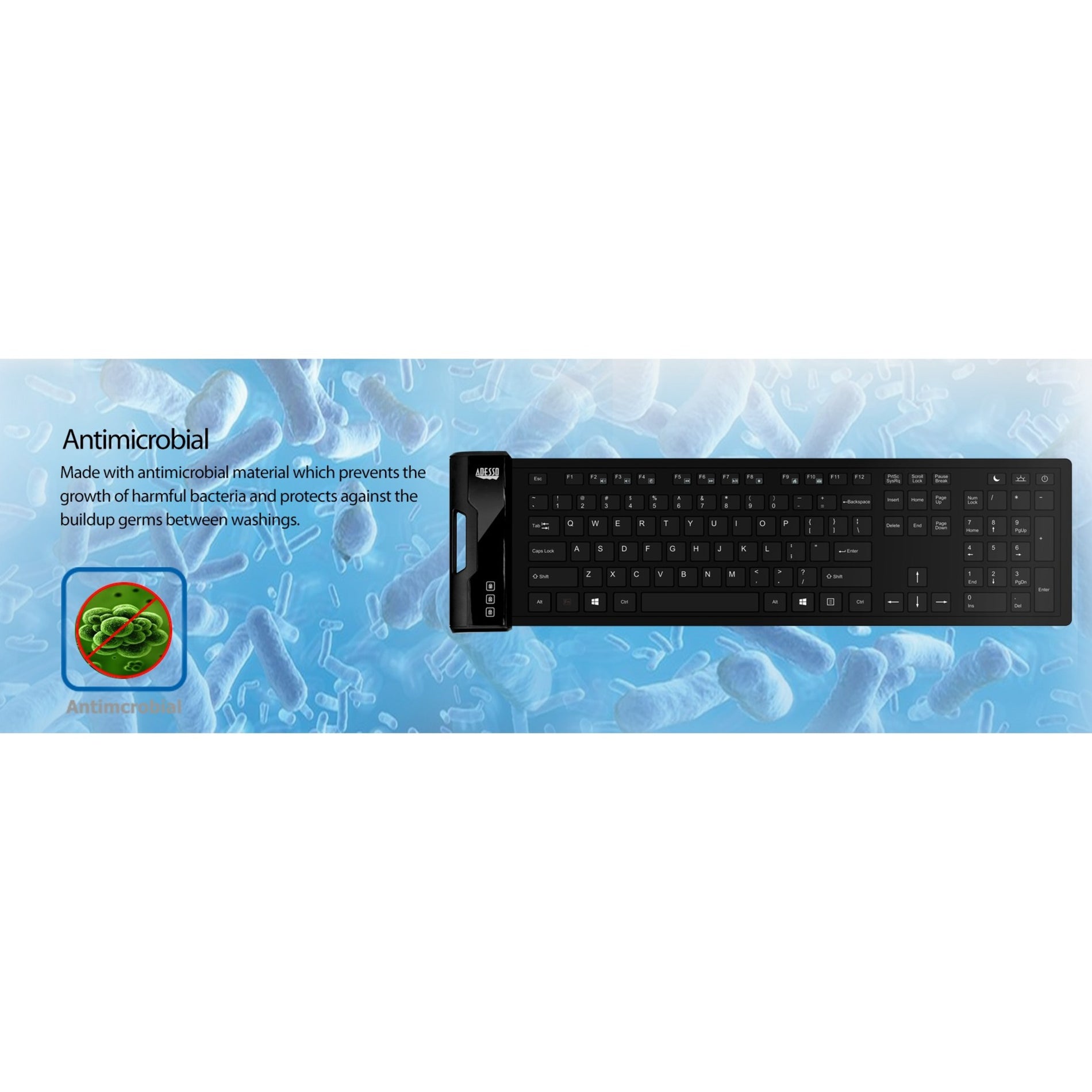 Adesso AKB-232UB SlimTouch 232 Antimicrobial Waterproof Flex Keyboard, Full Size