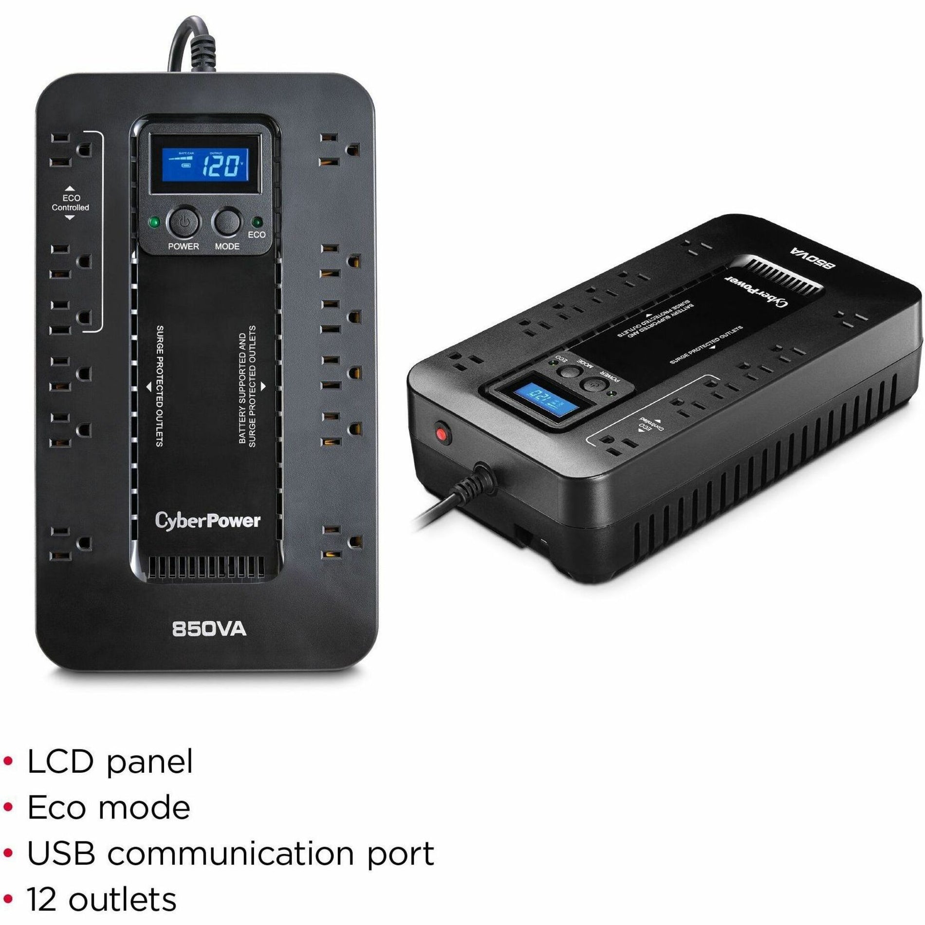 CyberPower EC850LCD Ecologic UPS Systems, 850 VA/510 W, 3 Year Warranty, Energy Star, USB