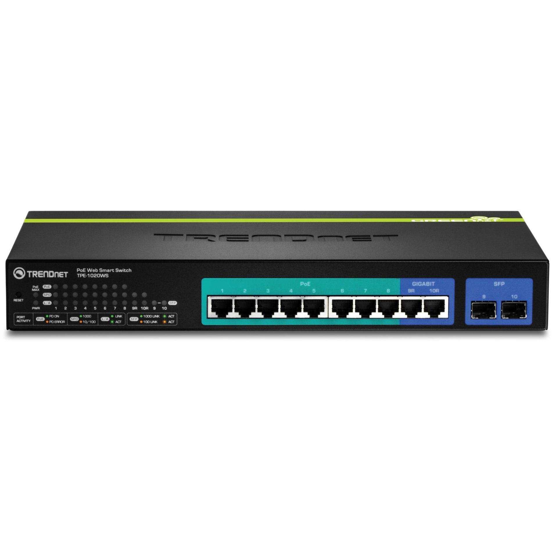 TRENDnet TPE-1020WS 10-Port Gigabit Web Smart PoE+ Switch, 8 x PoE+ Gigabit Ports, 2 x Gigabit Ethernet Ports, 2 x Shared SFP Slots, 75W Total Power Budget, Rack Mountable