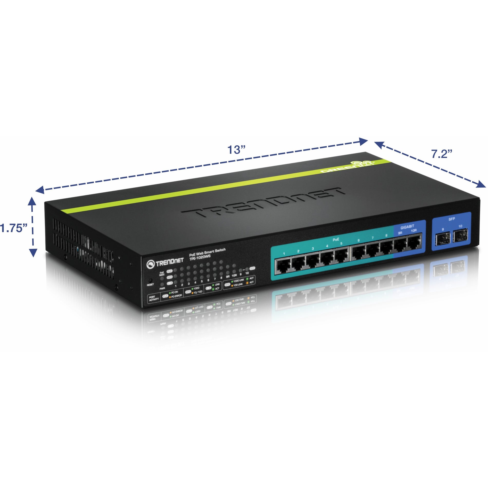 TRENDnet TPE-1020WS 10-Port Gigabit Web Smart PoE+ Switch, 8 x PoE+ Gigabit Ports, 2 x Gigabit Ethernet Ports, 2 x Shared SFP Slots, 75W Total Power Budget, Rack Mountable