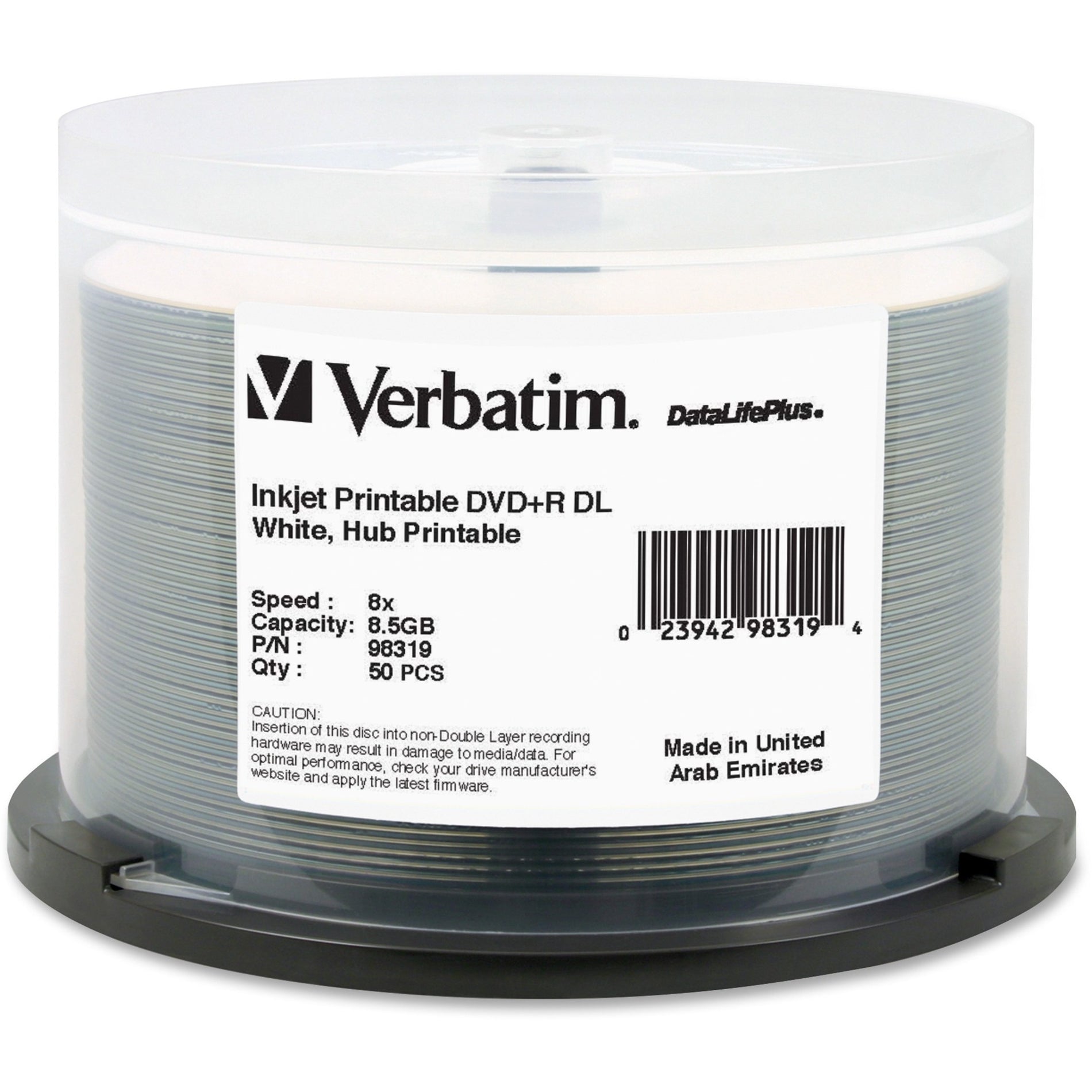 Verbatim 98319 8.5GB 8X DVD+R DL Spindle, Hub Printable, 50/PK, White