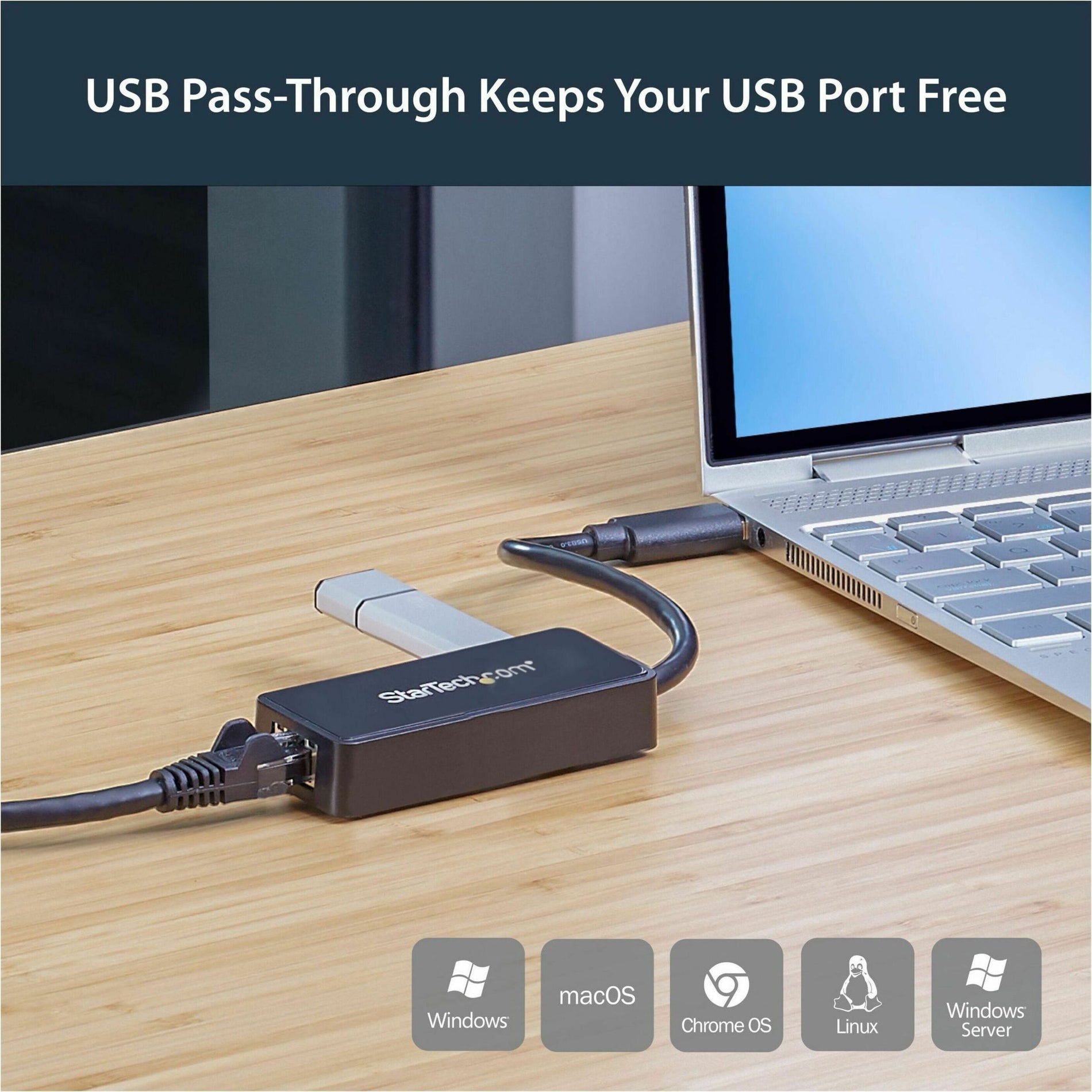 StarTech.com USB31000SPTB USB 3.0 to Gigabit Ethernet Adapter NIC w/ USB Port - Black, High-Speed Internet Connection for Your PC