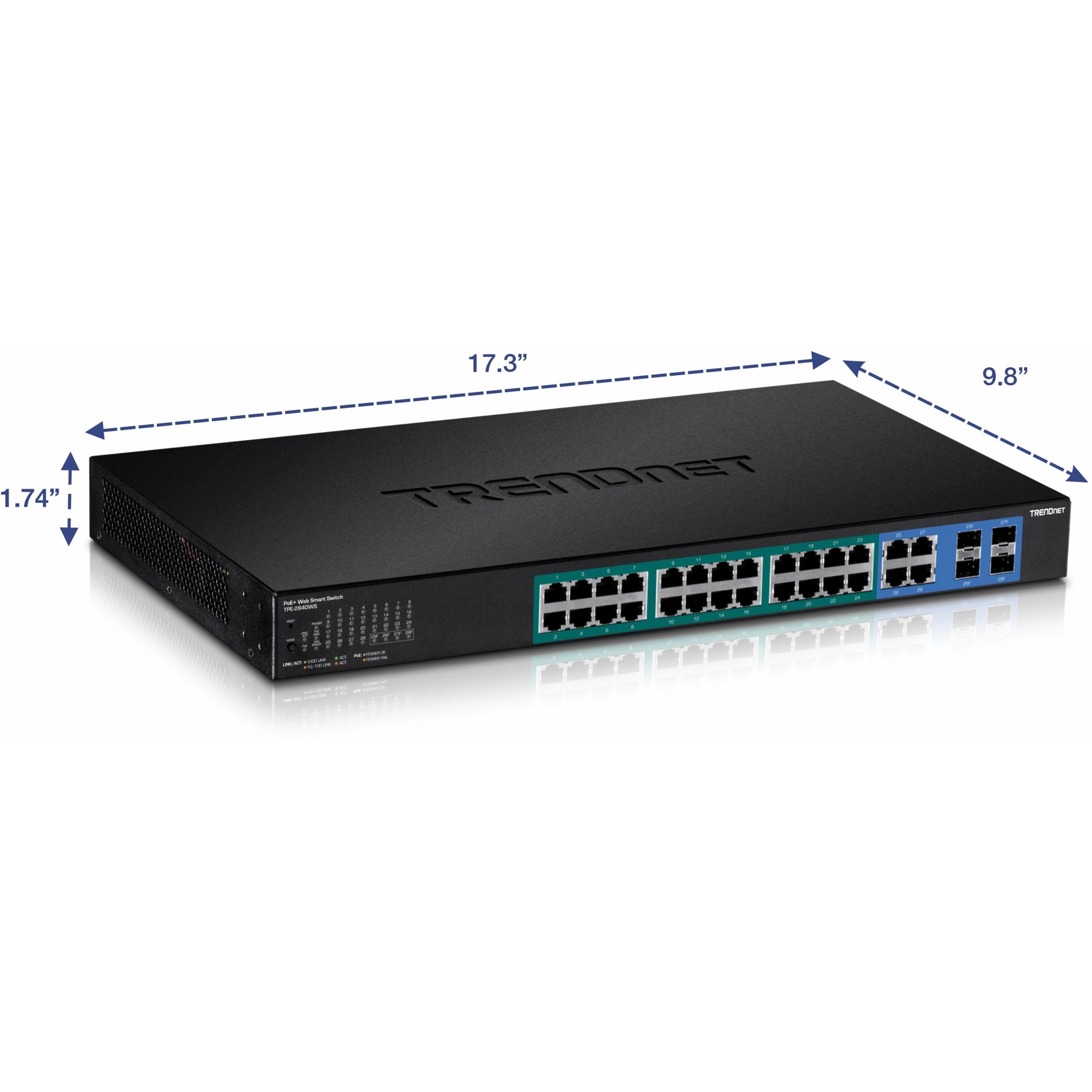 TRENDnet TPE-1620WS 16-Port Gigabit Web Smart PoE+ Switch, 185W Total Power Budget, Rack Mountable, Black