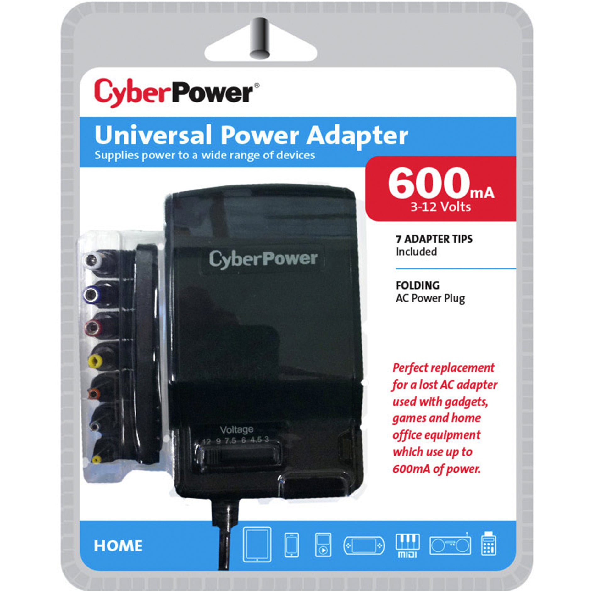 CyberPower CPUAC600 Universal Power Adapter 3-12V 600mA and AC Power Plug, Multiple Tips, Slim Line Design