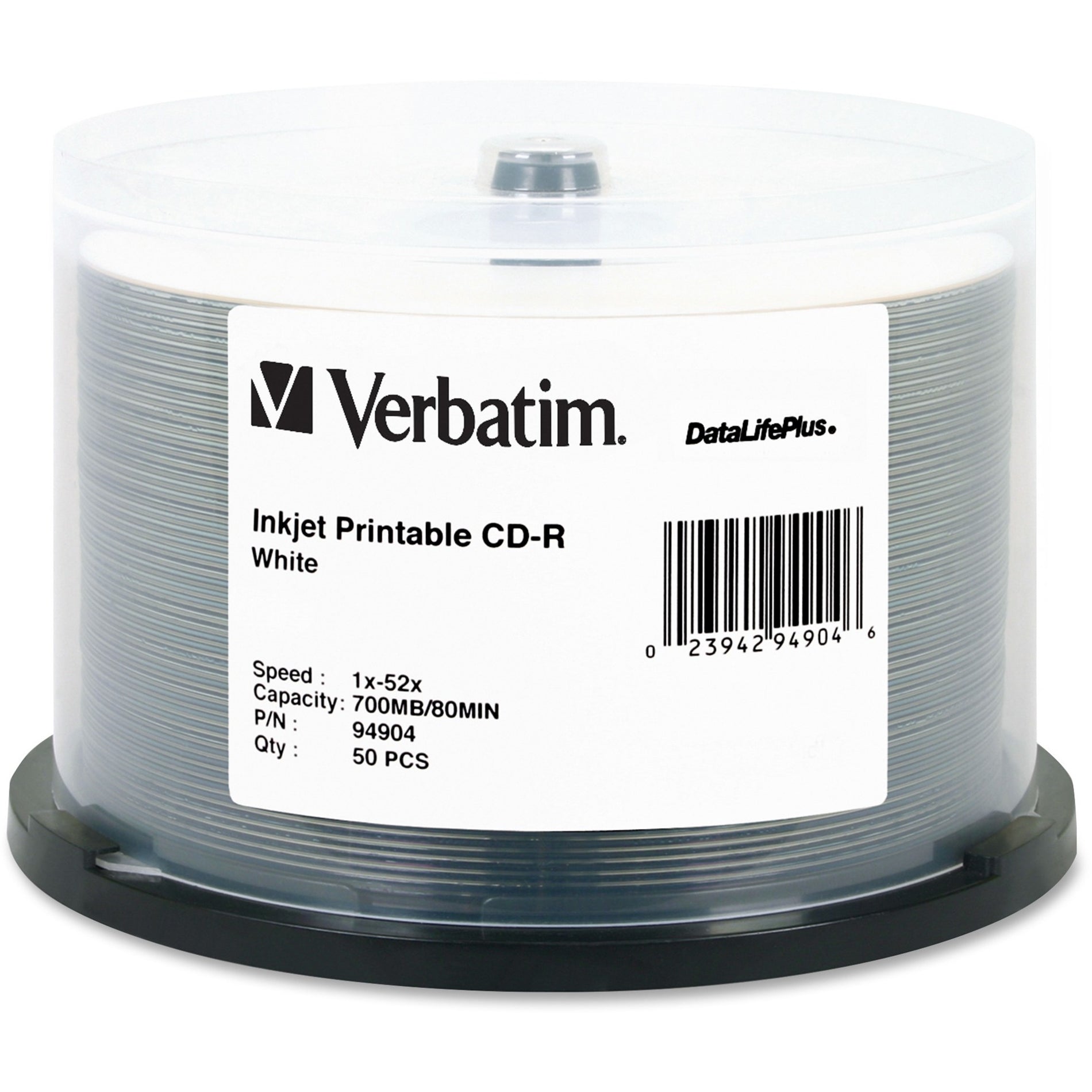 Verbatim 94904 CD-R 700MB 52X DataLifePlus Spindle, Inkjet Printable White, 50/PK