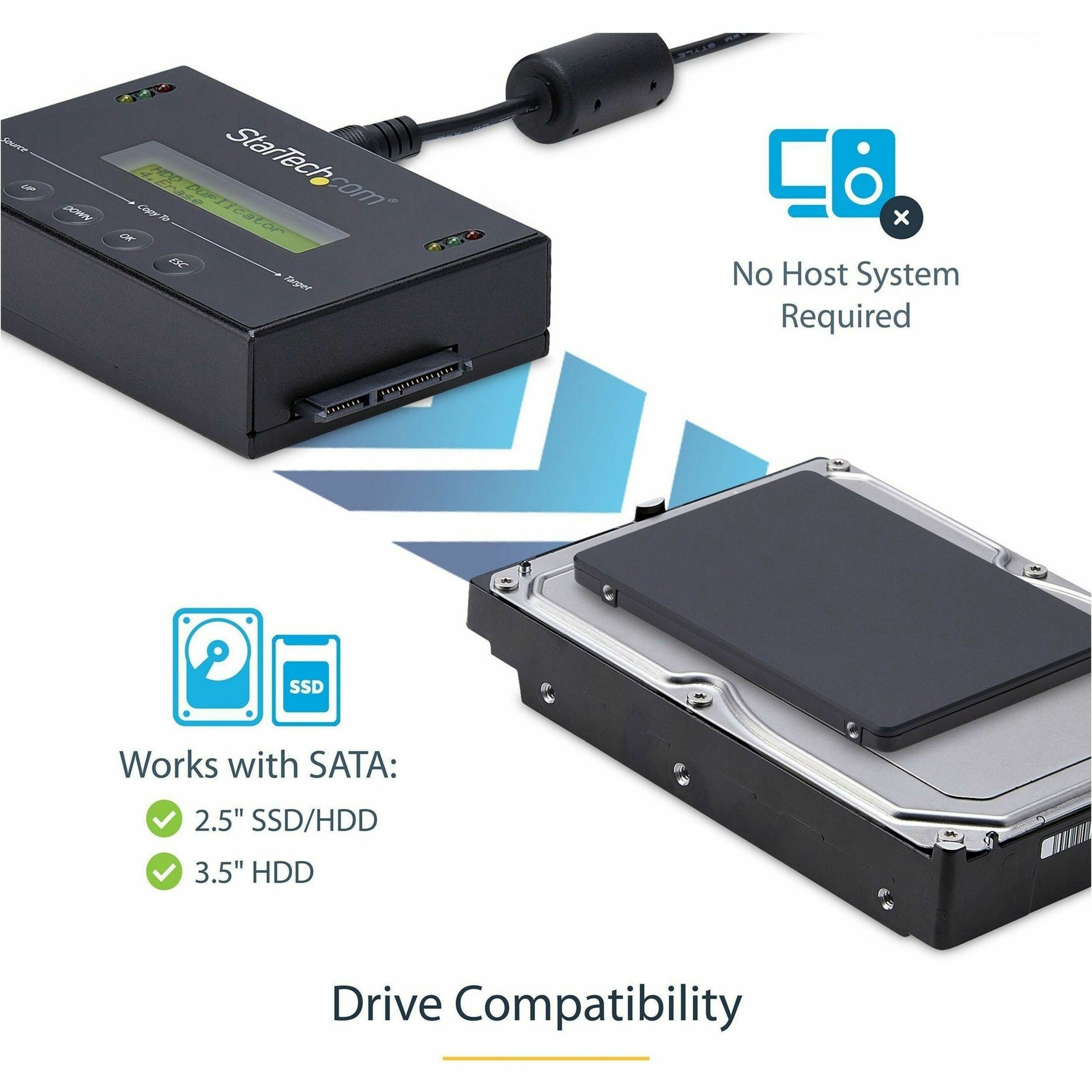 StarTech.com SATDUP11 Standalone 2.5 / 3.5" SATA Hard Drive Duplicator and Eraser, TAA Compliant, 14GB/min Transfer Rate